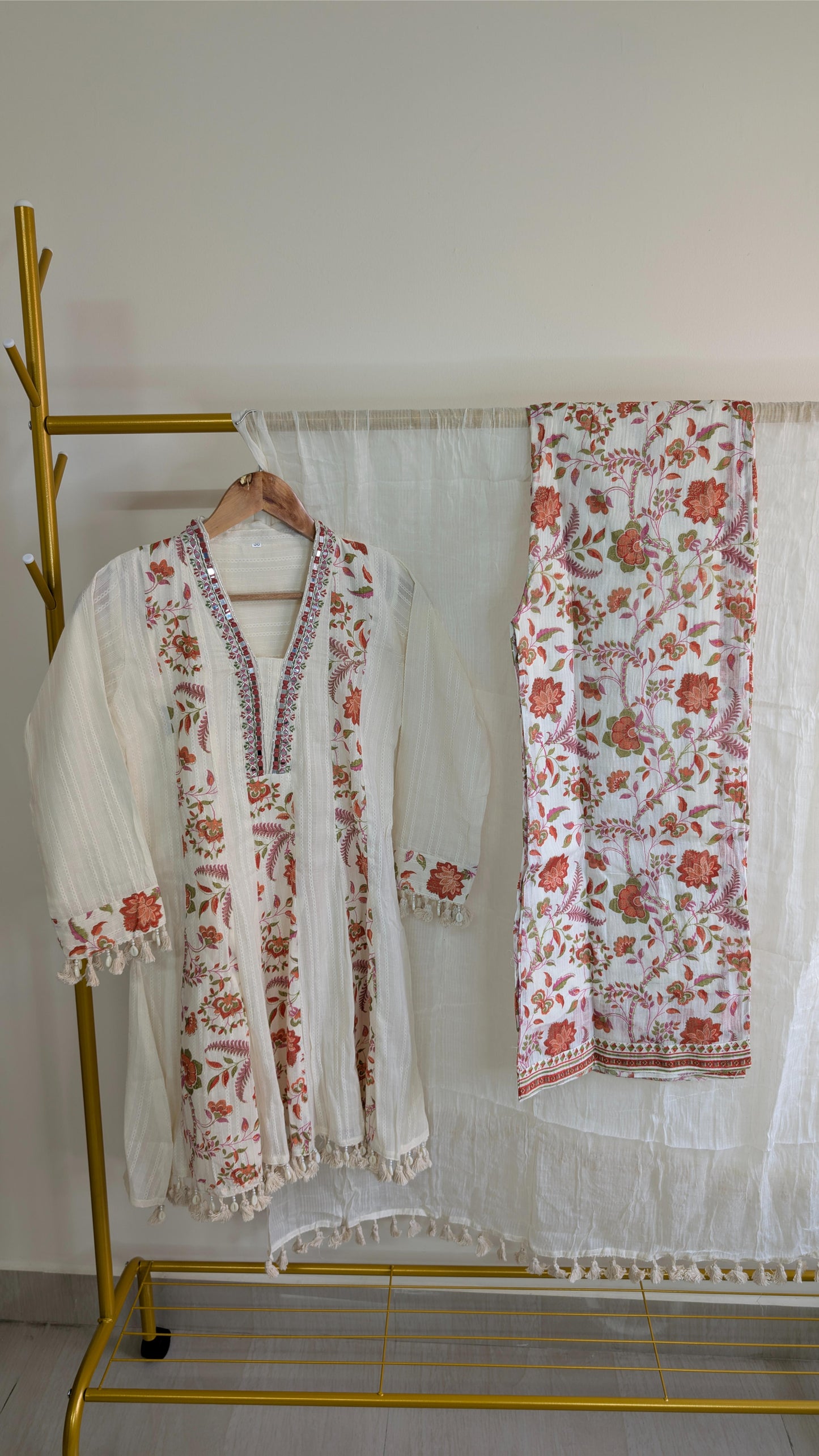 Ivory Cotton Kurti Set with Mirror Work and Floral Printed Dupatta – Festive Ready (AC00011)