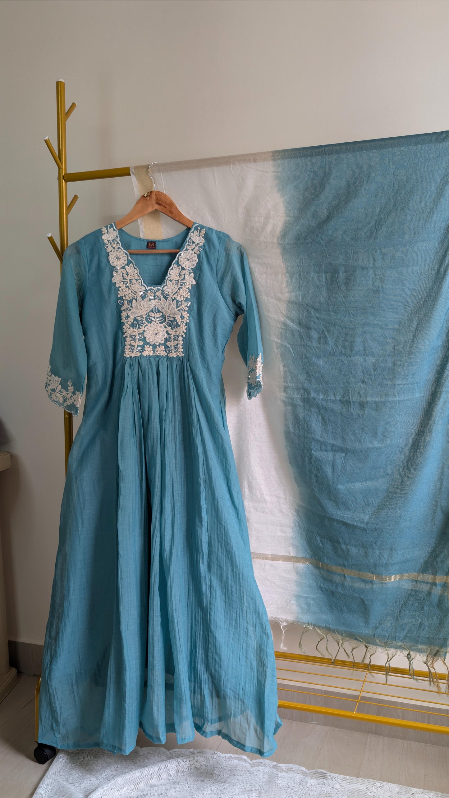 Elegant Aqua Blue Mul Chanderi Kurta with Intricate White Embroidery (AC00023)