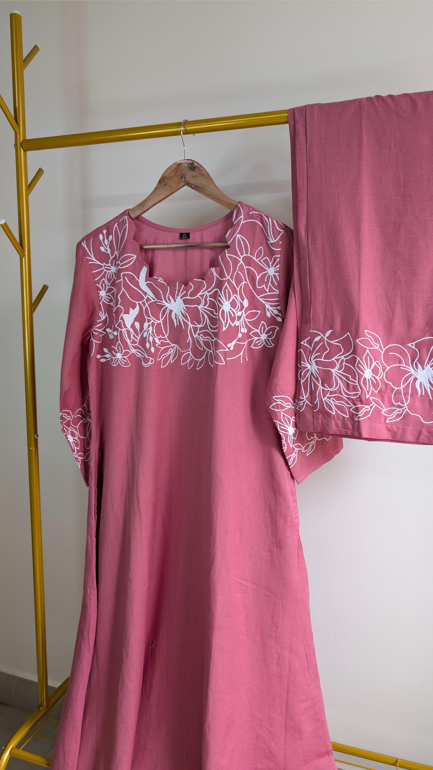 Elegant Embroidered Cotton Kurti Set – Bottle Green, Mauve Pink & Beige (AC00032)