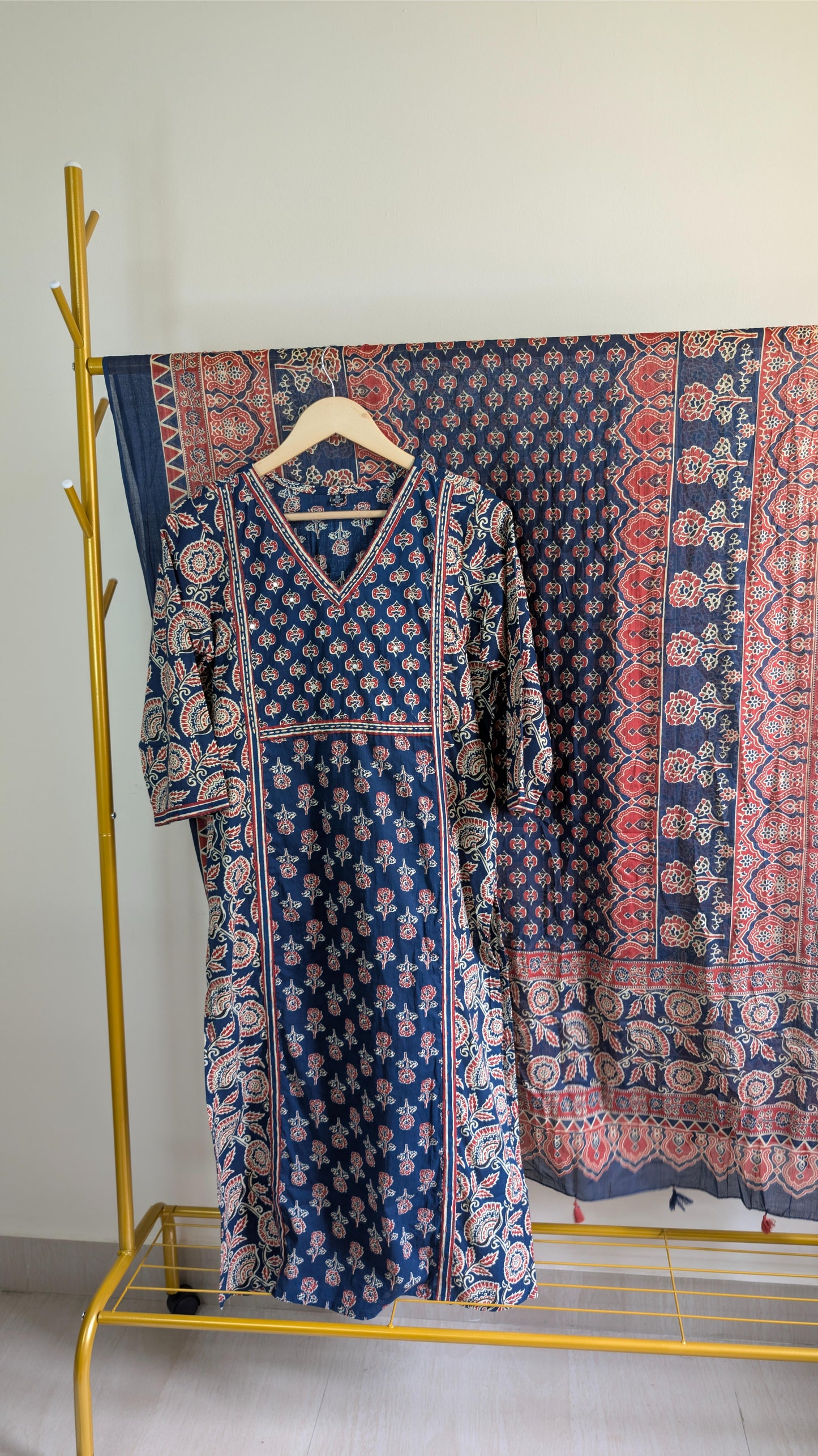 Traditional Indigo Blue Cotton Kurta Set with Dupatta – Ajrakh-Inspired Hand Block Print (AC00039)