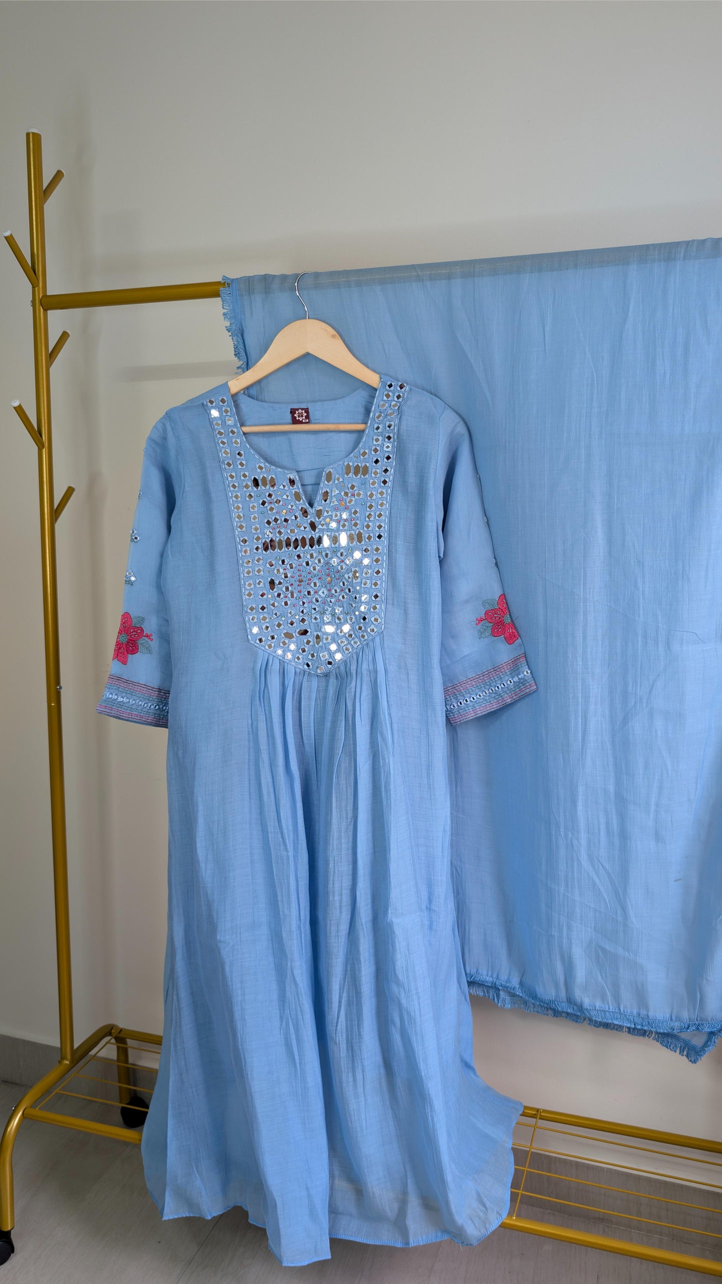 Vibrant Mirror Work Mul Chanderi Kurti Sets – Sky Blue & Yellow | Festive & Daily Wear (AC00026)