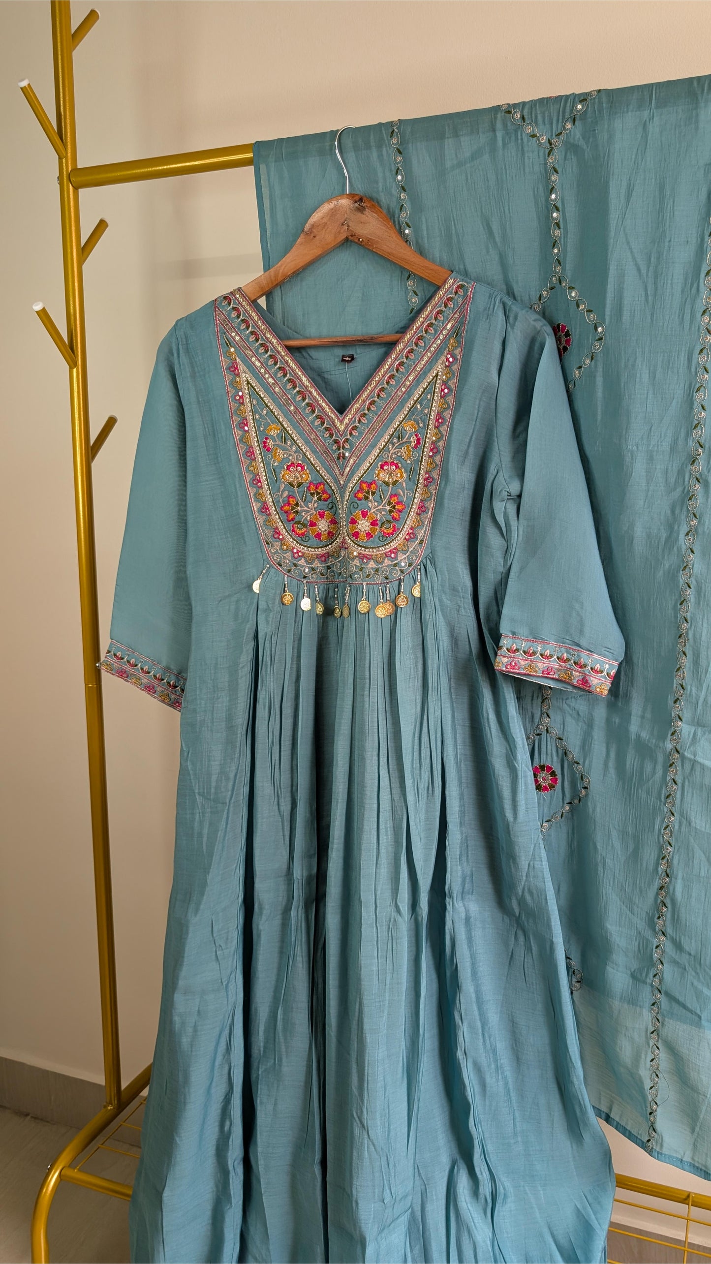 Graceful Teal Blue Mul Chanderi Embroidered 3-Piece Kurti Set with Dupatta – Festive & Ethnic Wear for Women (AC00058)
