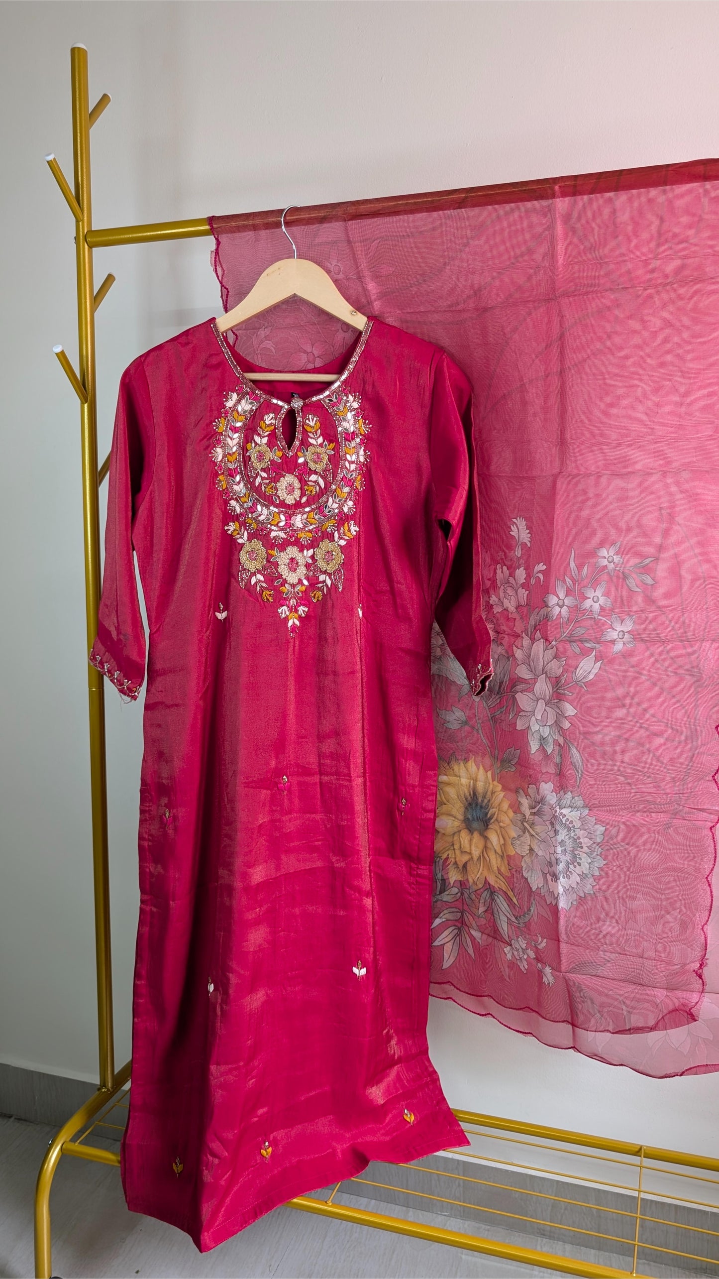 Designer Reddish Pink Embroidered 3-Piece Kurta Set with Floral Dupatta | Festive & Party Wear (AC00054)