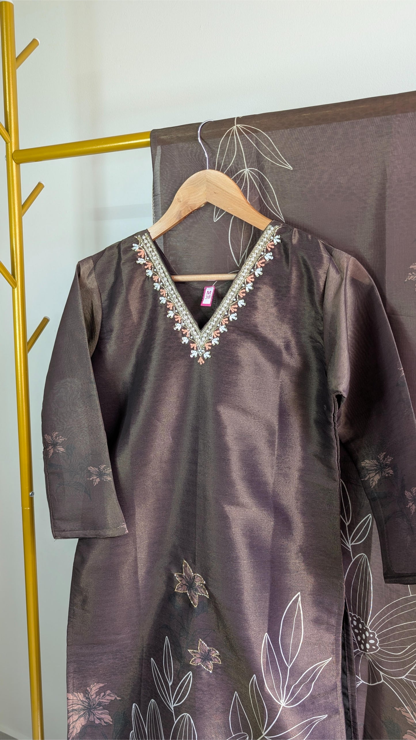 Elegant Coffee Brown Printed Tissue 3-Piece Kurti Set with Embroidered Neckline – Stylish Festive & Office Wear (AC00055)