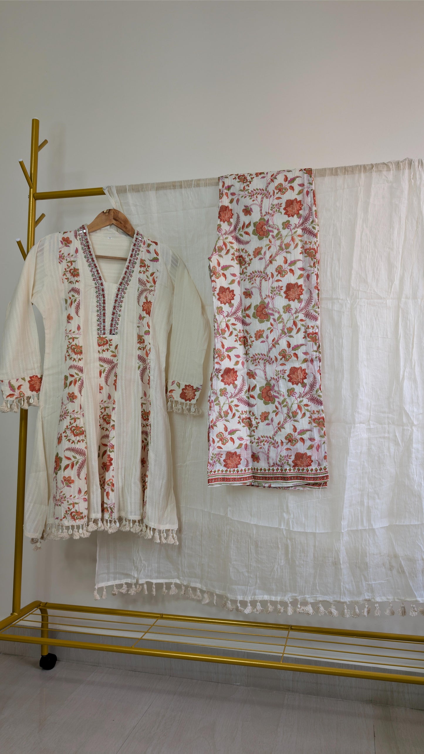 Ivory Cotton Kurti Set with Mirror Work and Floral Printed Dupatta – Festive Ready (AC00011)