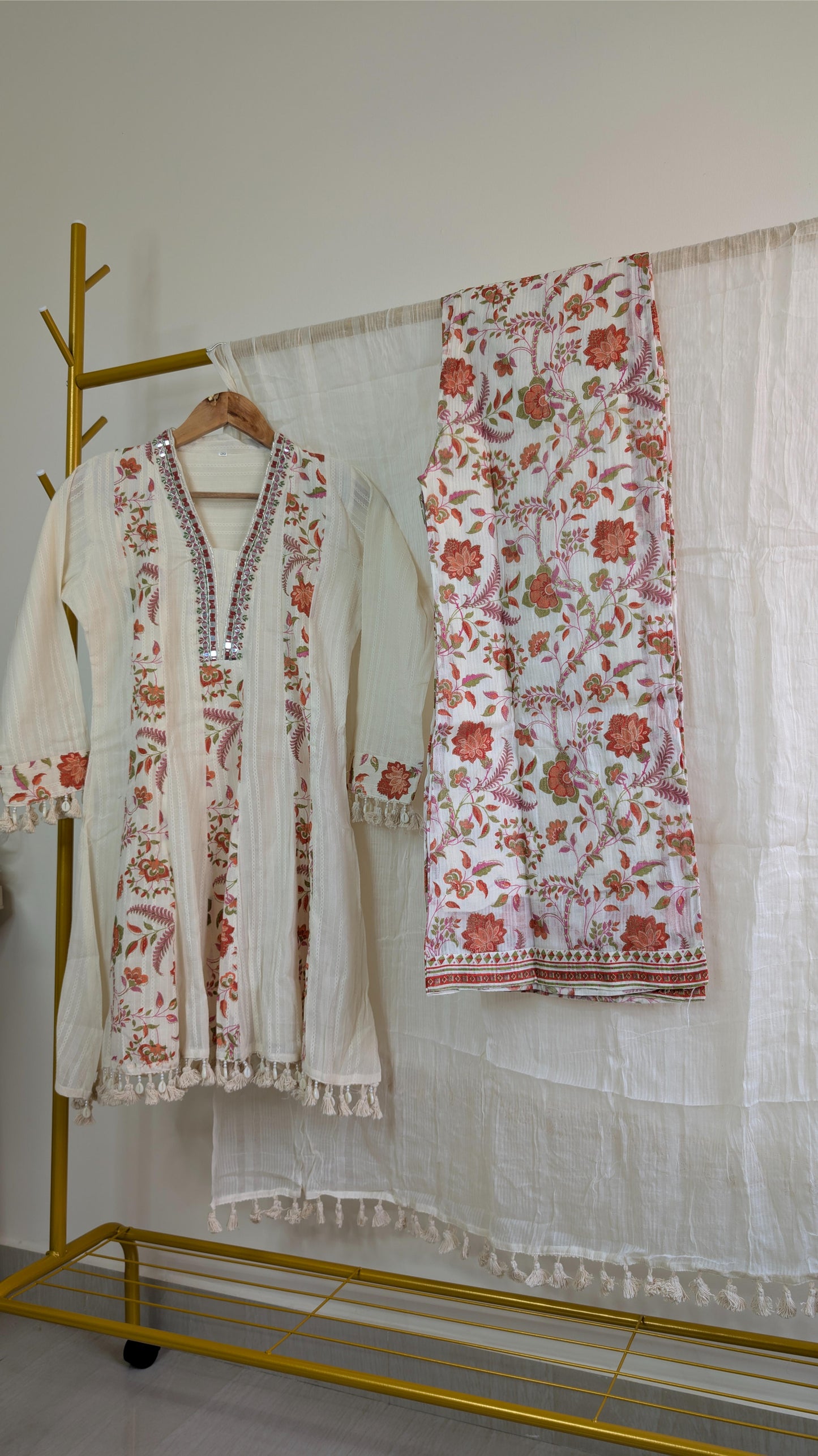 Ivory Cotton Kurti Set with Mirror Work and Floral Printed Dupatta – Festive Ready (AC00011)