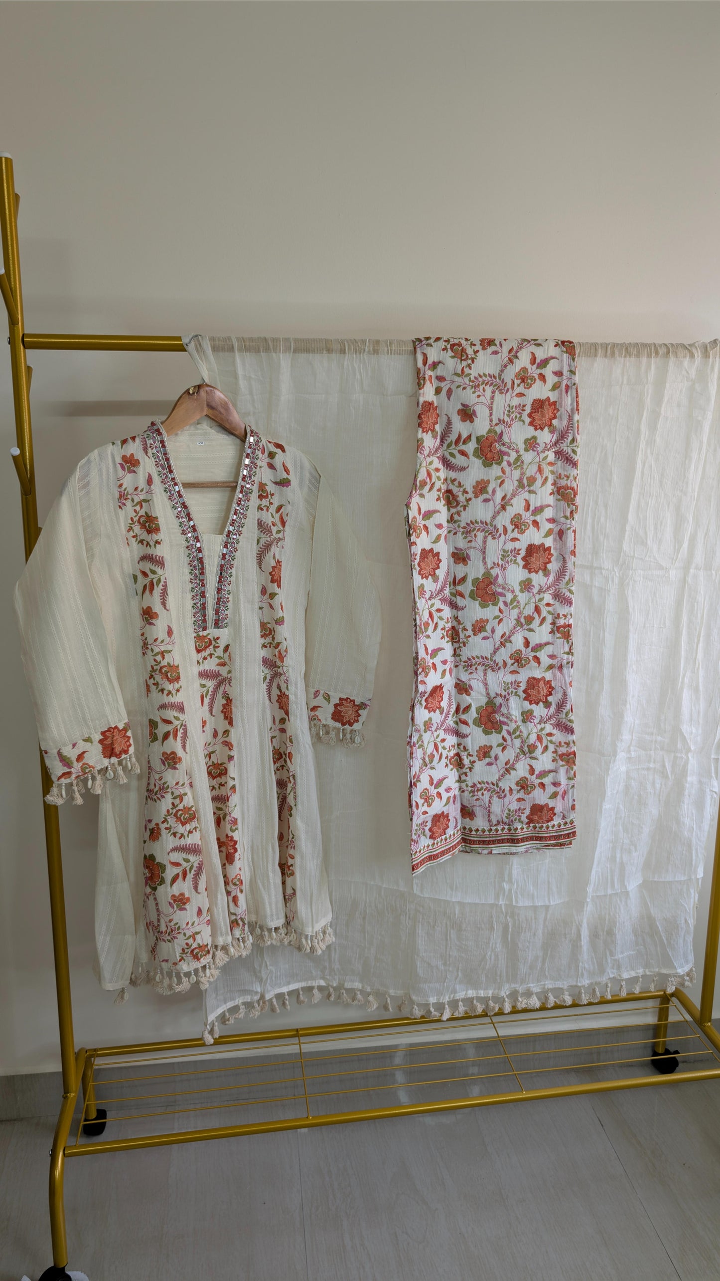 Ivory Cotton Kurti Set with Mirror Work and Floral Printed Dupatta – Festive Ready (AC00011)