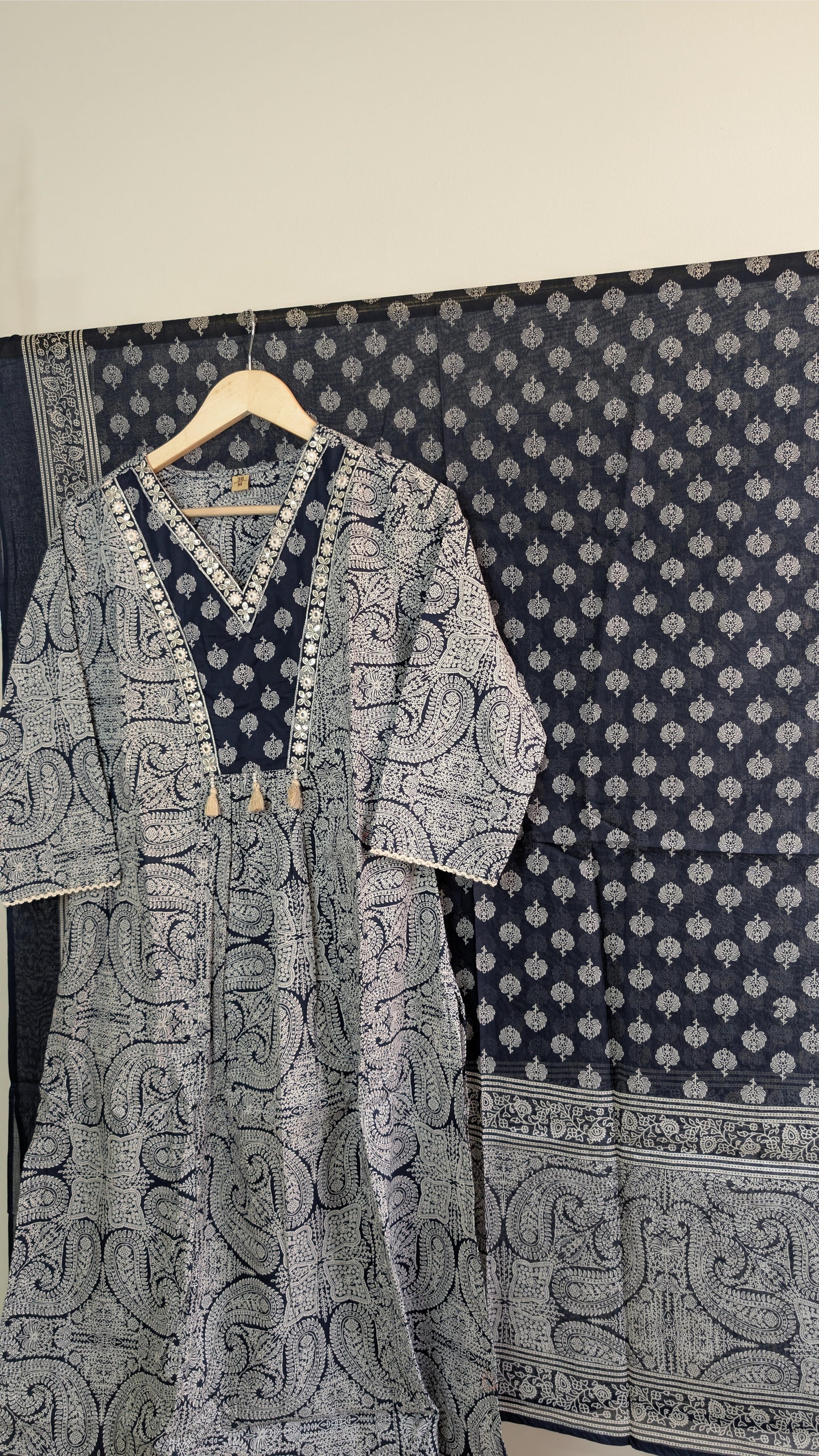 Indigo Handblock Cotton Kurti Set with Mirror Work & Tassels – Timeless Elegance (AC00013)