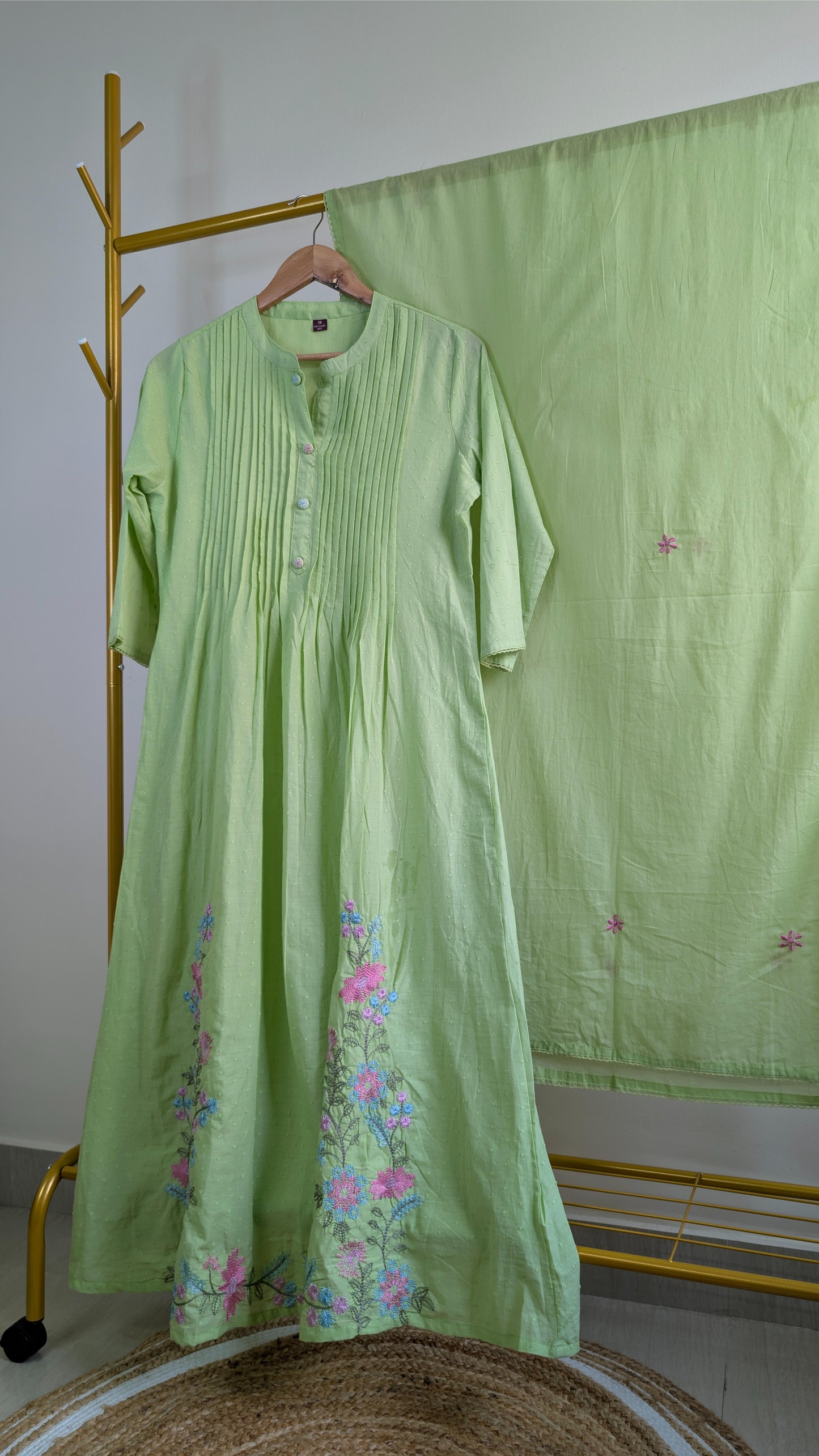 Premium Green Mul Cotton Kurta Set with Pintuck Detailing & Floral Embroidery (AC00010)