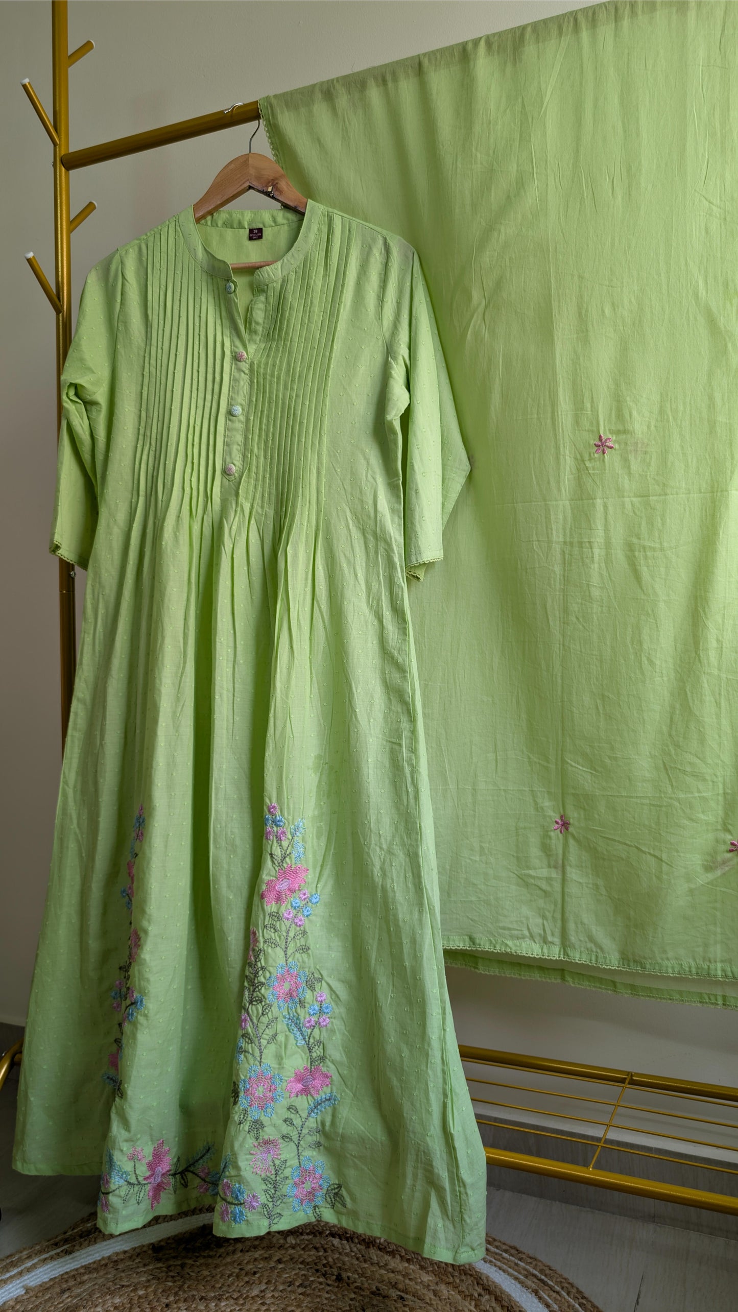 Premium Green Mul Cotton Kurta Set with Pintuck Detailing & Floral Embroidery (AC00010)