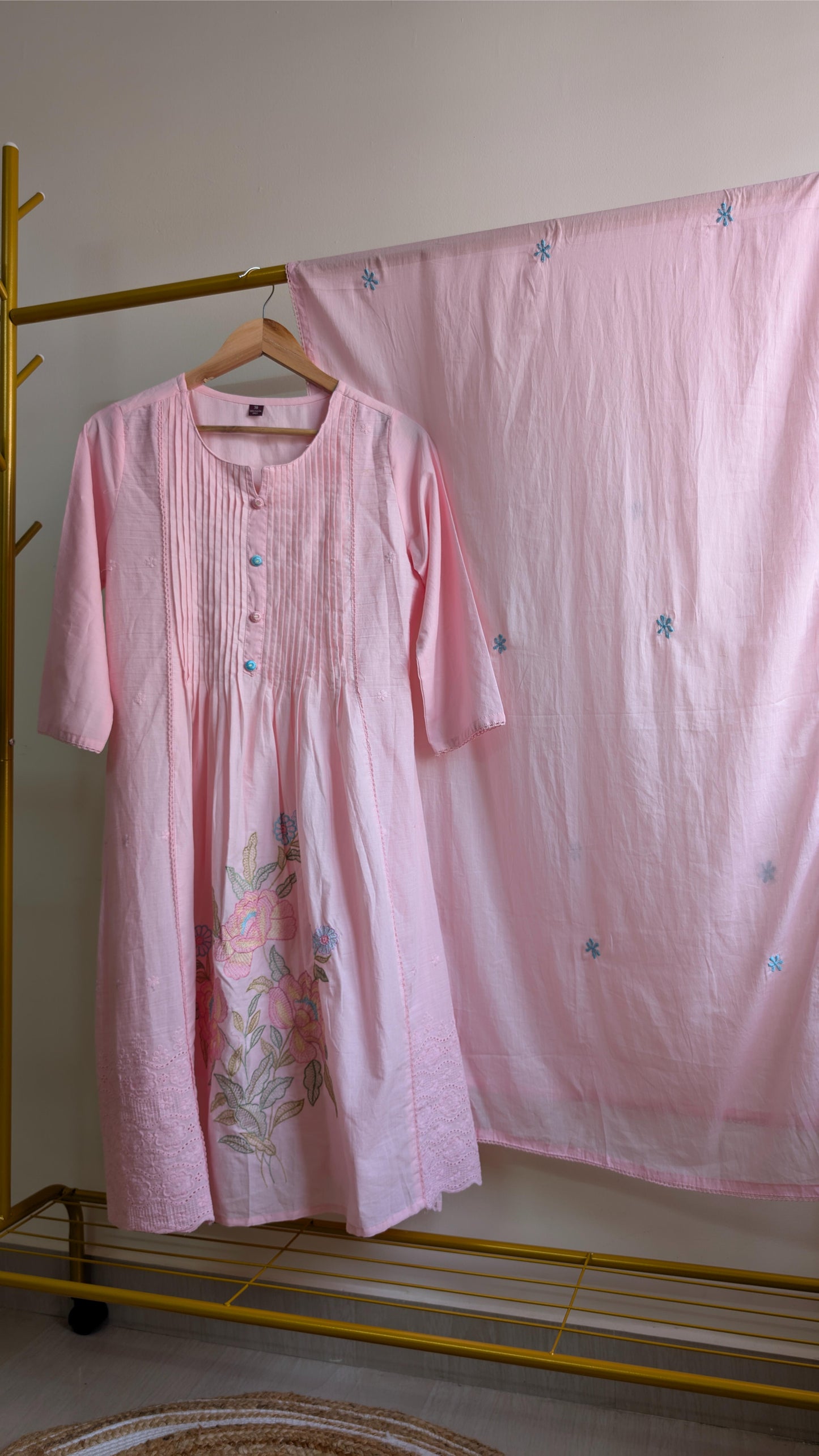 Premium Pink Mul Cotton Kurti with Embroidery & Pintuck Detailing (AC00012)