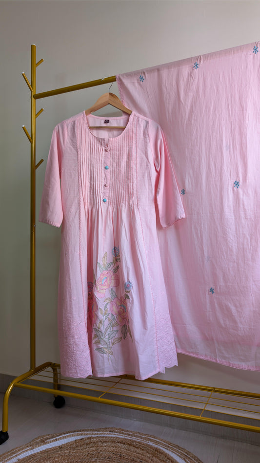 Premium Pink Mul Cotton Kurti with Embroidery & Pintuck Detailing (AC00012)