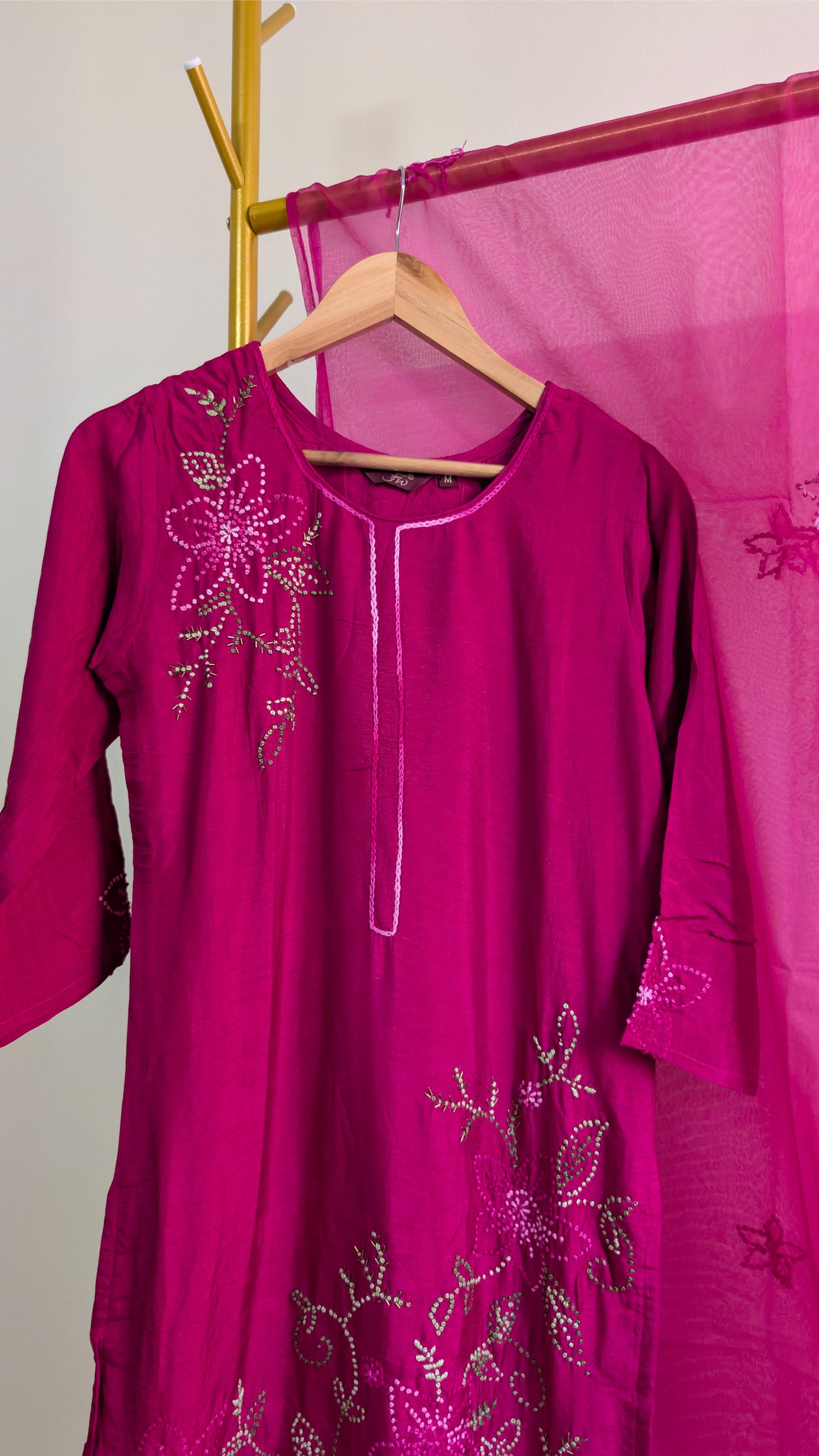 Cotton-Silk 3-Piece Kurti Set with Delicate Floral Handwork (AC00006)