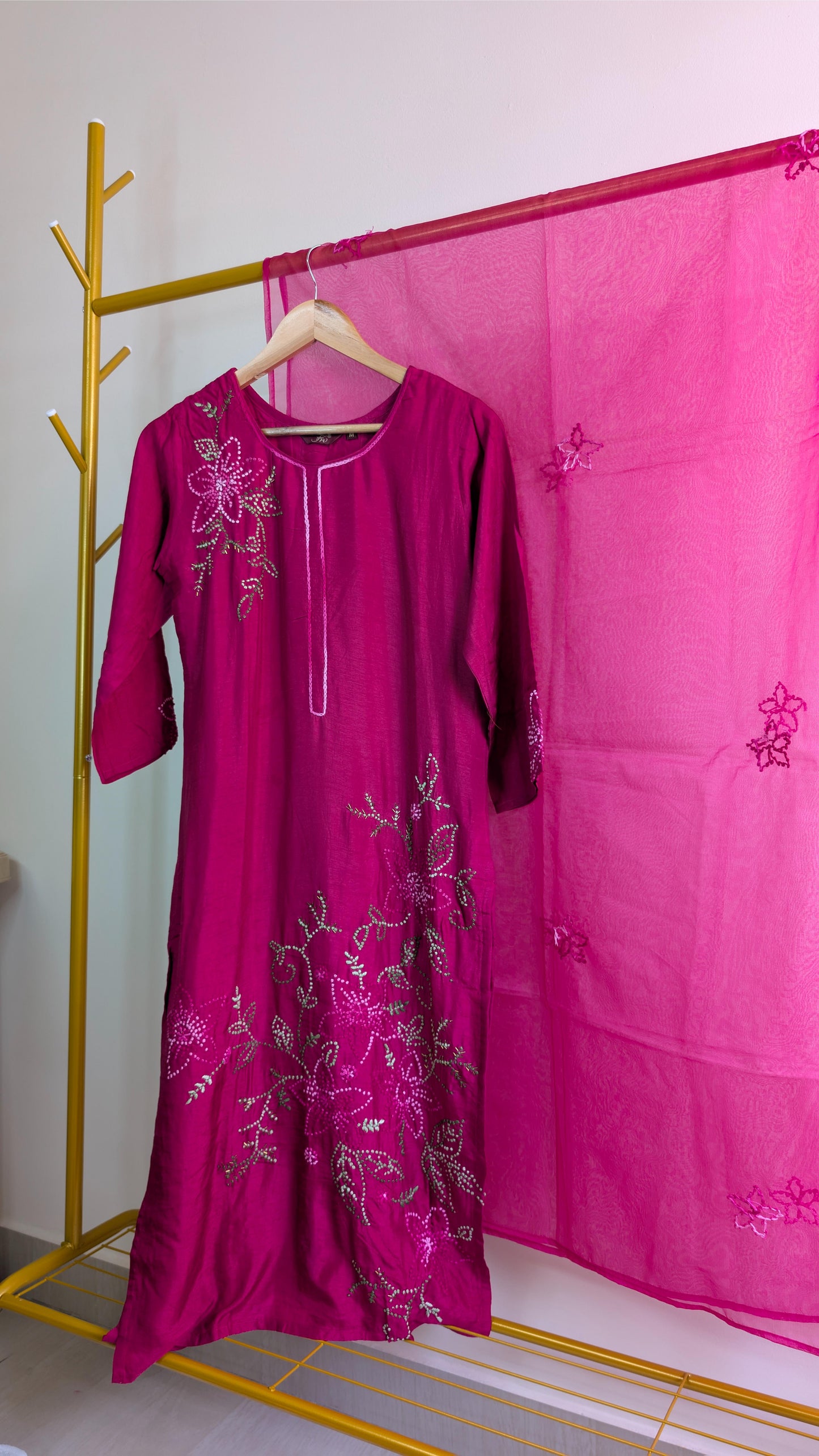 Cotton-Silk 3-Piece Kurti Set with Delicate Floral Handwork (AC00006)