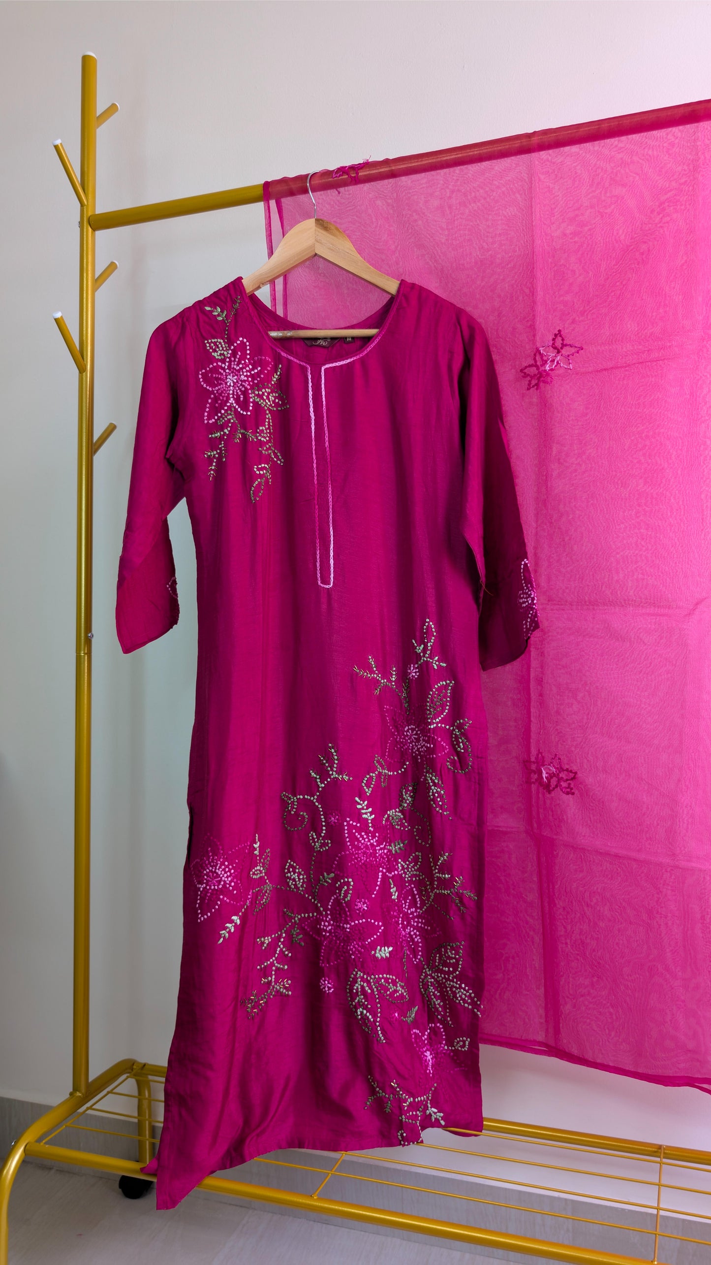 Cotton-Silk 3-Piece Kurti Set with Delicate Floral Handwork (AC00006)