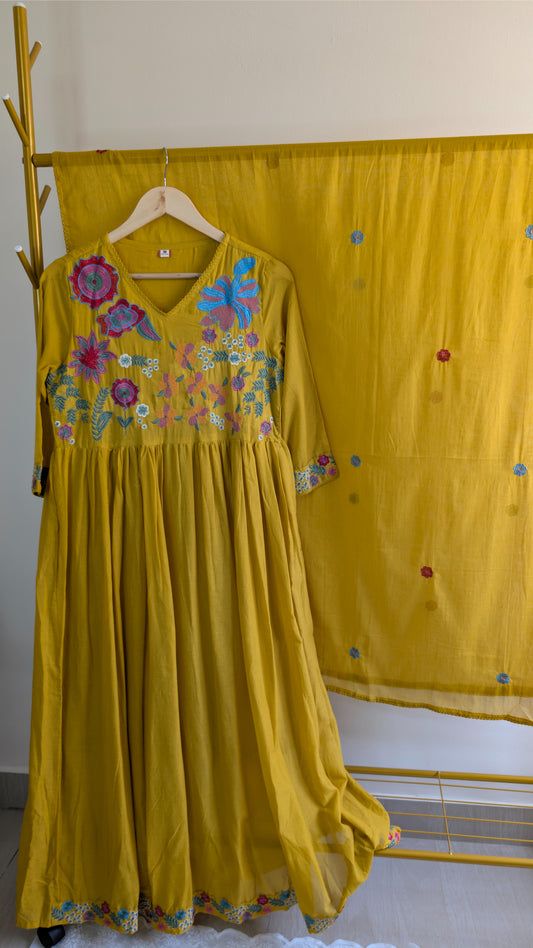 Premium Mustard Mul Cotton 3-Piece Kurti Set with Floral Thread Work (AC00007)