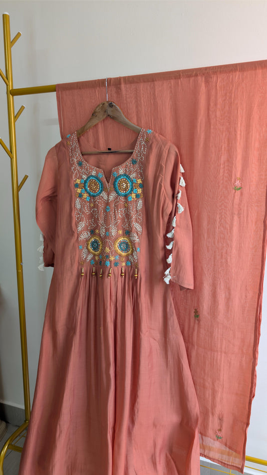 Premium Mul Chanderi Light Orange 3-Piece Kurti Set with Thread Work & Tassel Sleeves (AC00017-2)