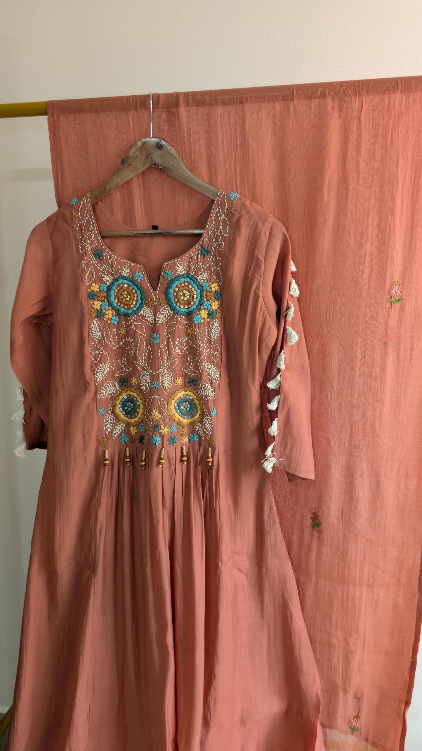 Premium Mul Chanderi Light Orange 3-Piece Kurti Set with Thread Work & Tassel Sleeves (AC00017-2)