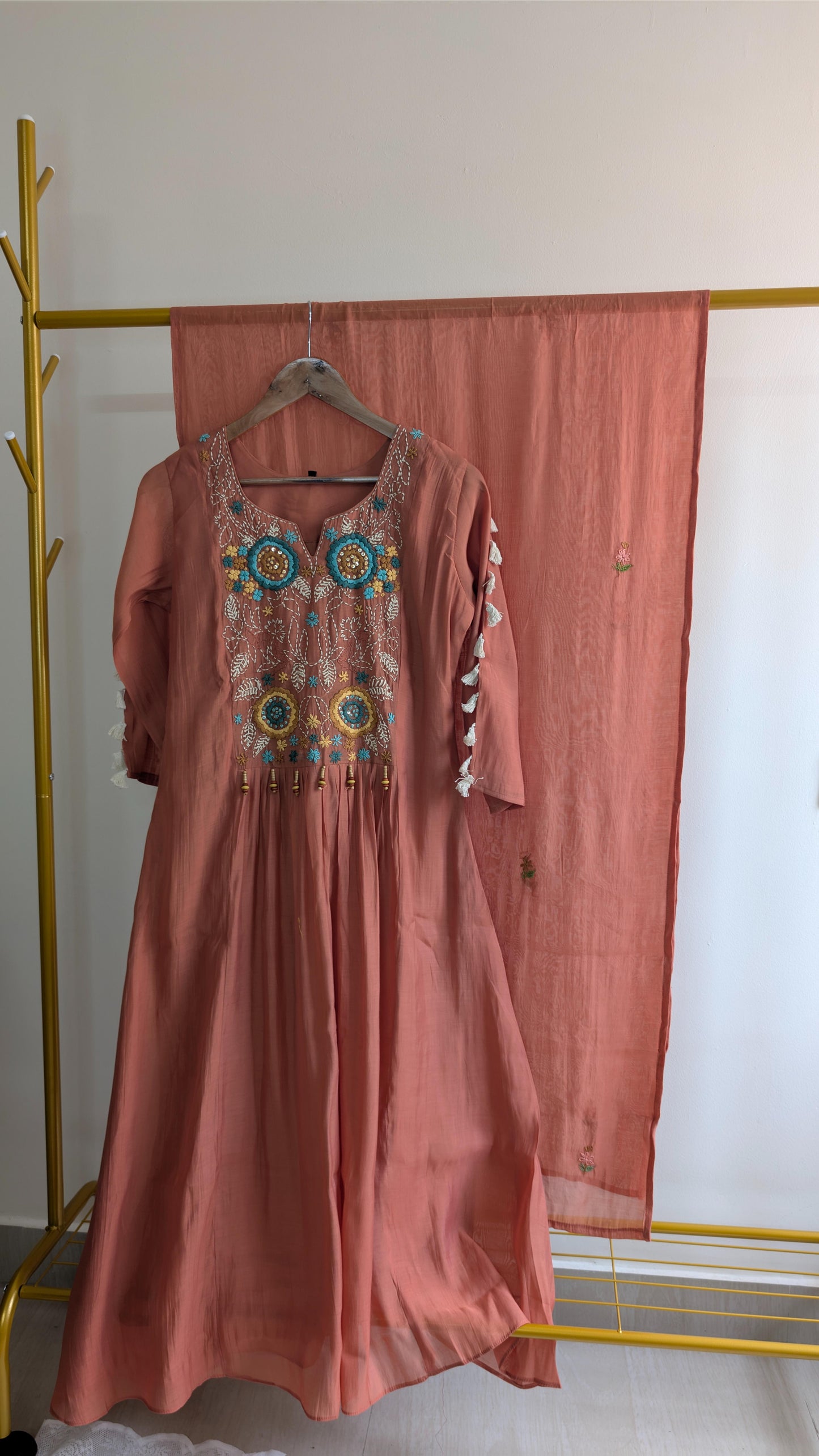 Premium Mul Chanderi Light Orange 3-Piece Kurti Set with Thread Work & Tassel Sleeves (AC00017-2)