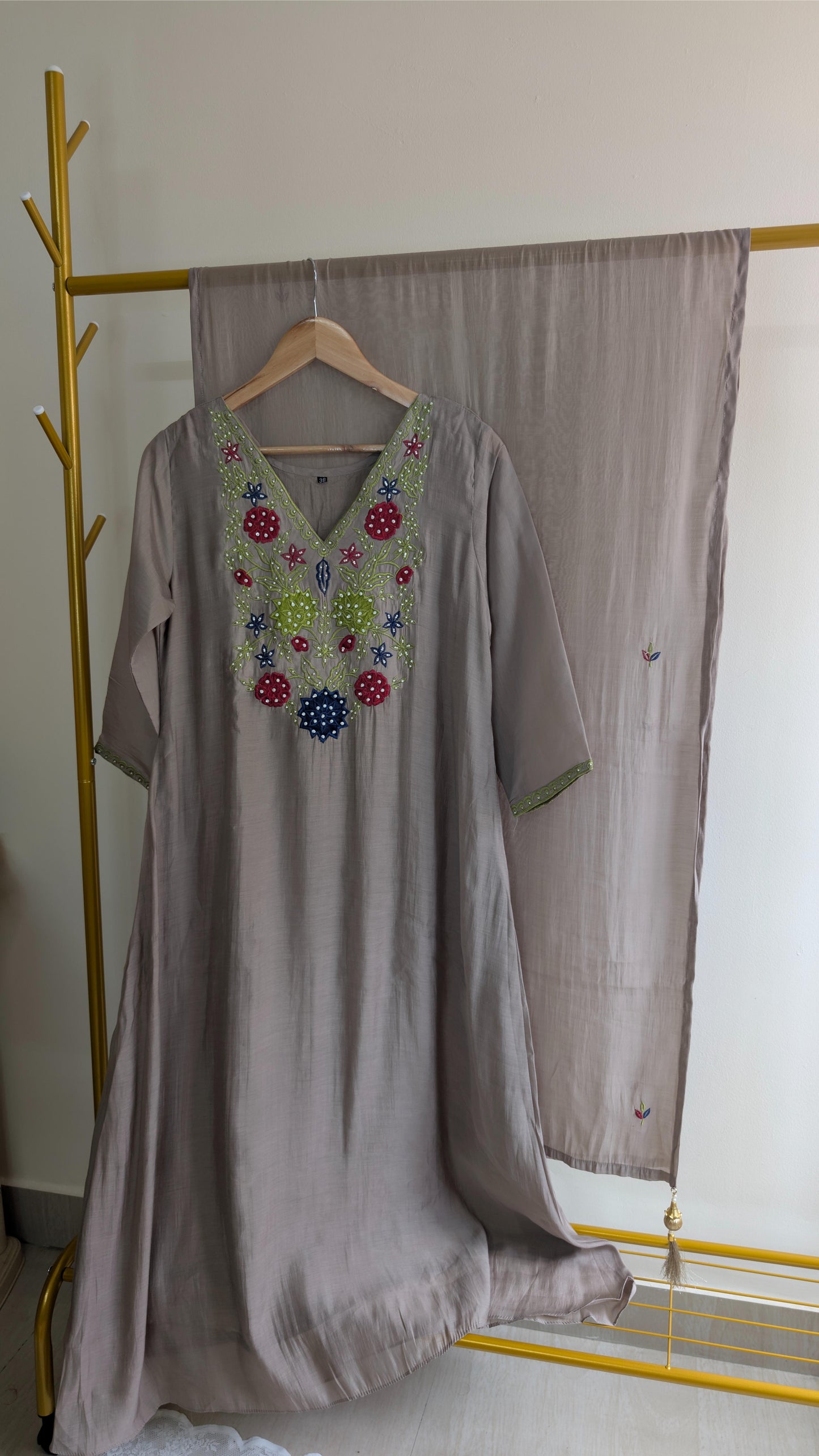 Premium Grey Mul Chanderi Suit Set | Embroidered Kurti with Dupatta (AC00024)