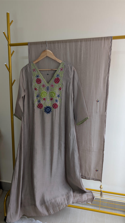 Premium Grey Mul Chanderi Suit Set | Embroidered Kurti with Dupatta (AC00024)
