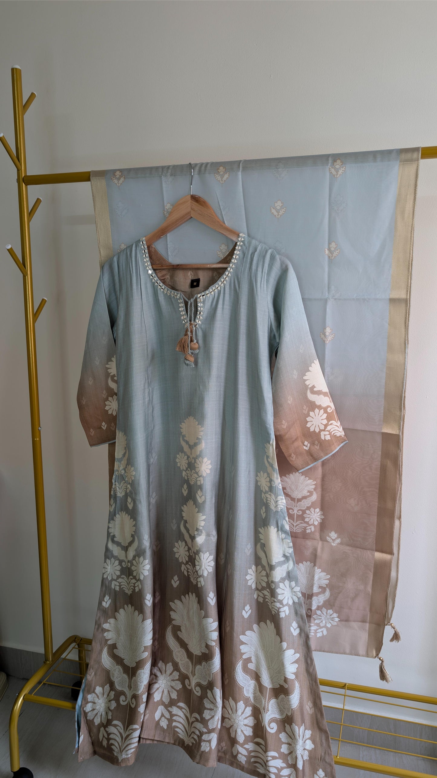 Icy Blue Premium Silk Blend 3-Piece Kurti Set with Ombre Sleeves & Floral Detailing (AC00008)