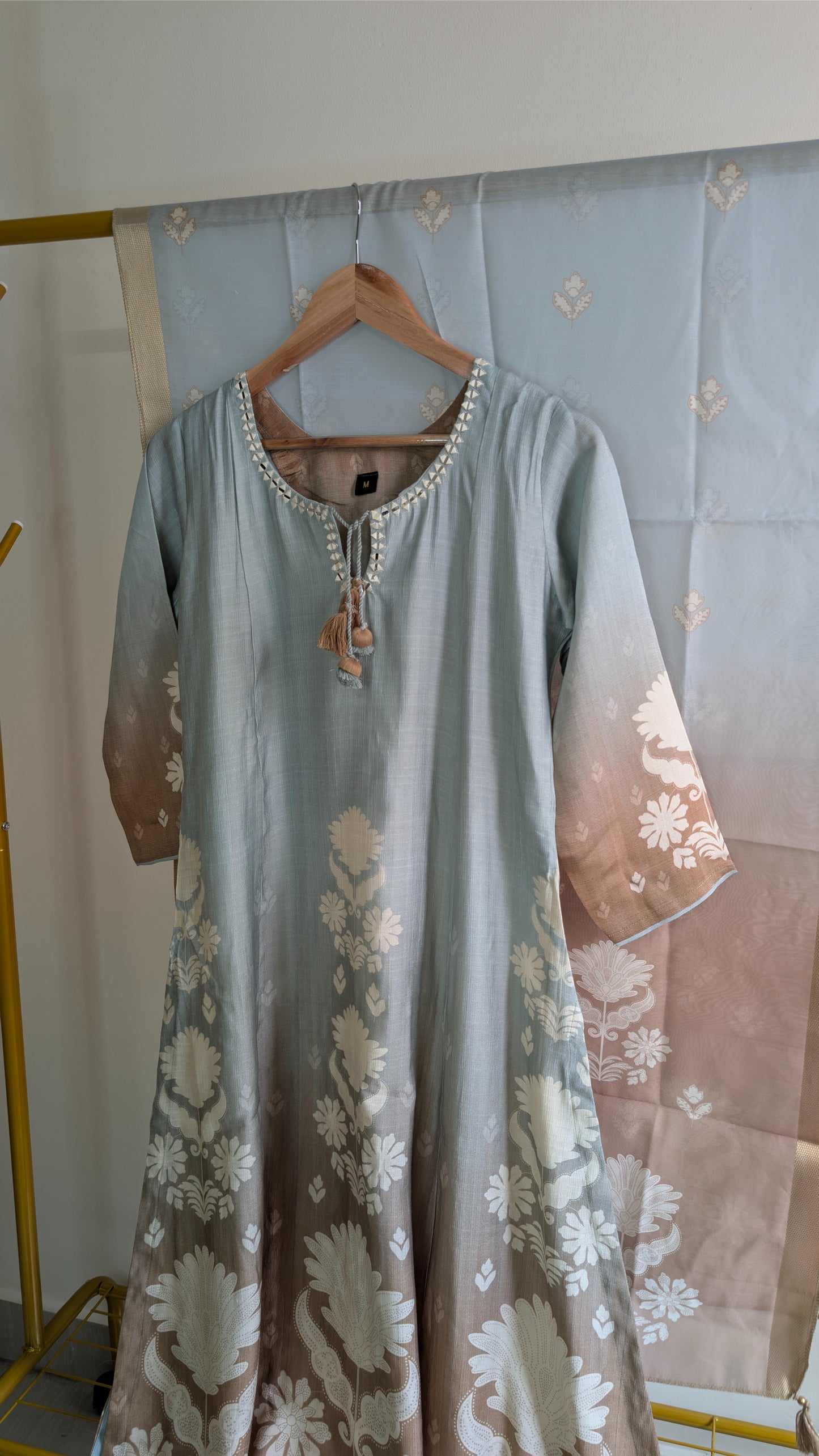 Icy Blue Premium Silk Blend 3-Piece Kurti Set with Ombre Sleeves & Floral Detailing (AC00008)