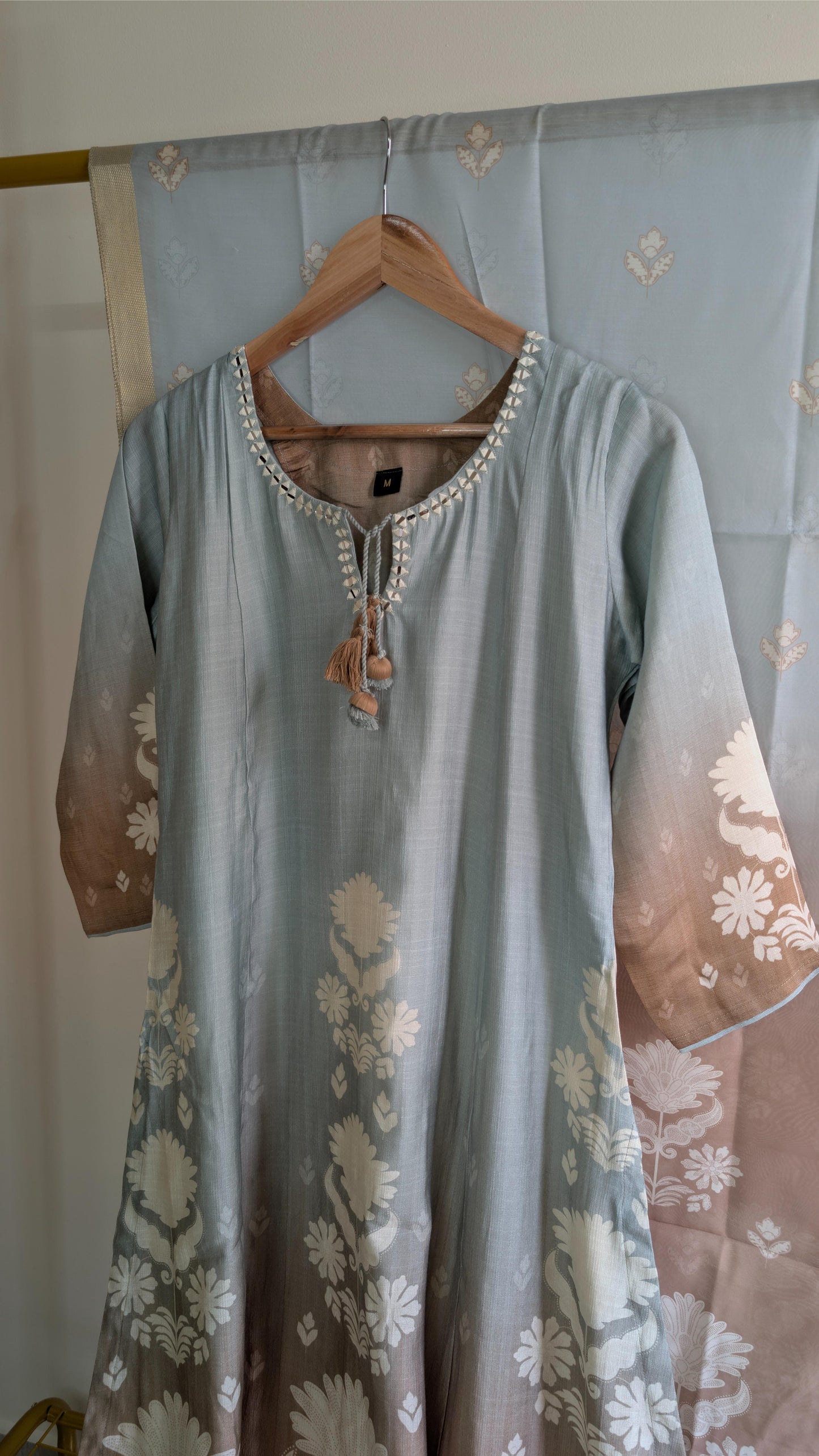 Icy Blue Premium Silk Blend 3-Piece Kurti Set with Ombre Sleeves & Floral Detailing (AC00008)