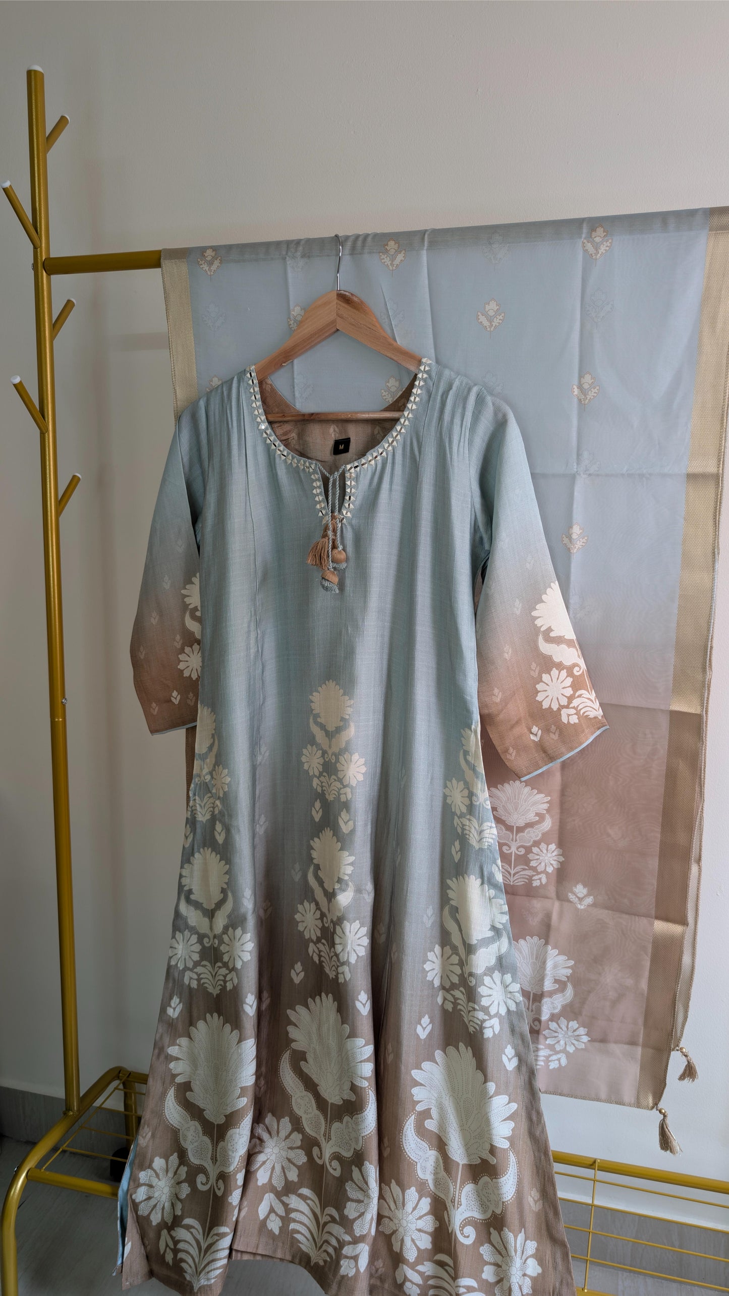 Icy Blue Premium Silk Blend 3-Piece Kurti Set with Ombre Sleeves & Floral Detailing (AC00008)