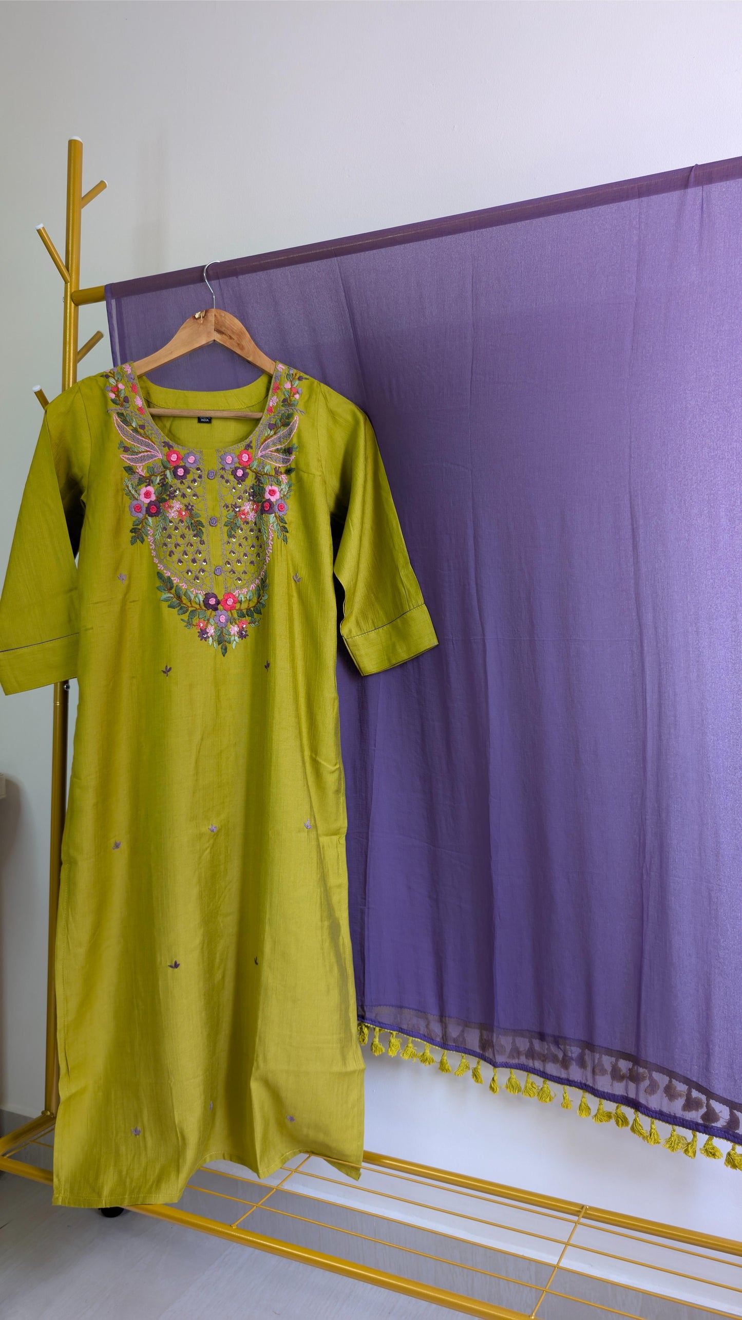 Embroidered Chinnon 3-Piece Suit Set in Olive & Plum – Festive Edition (AC00020)