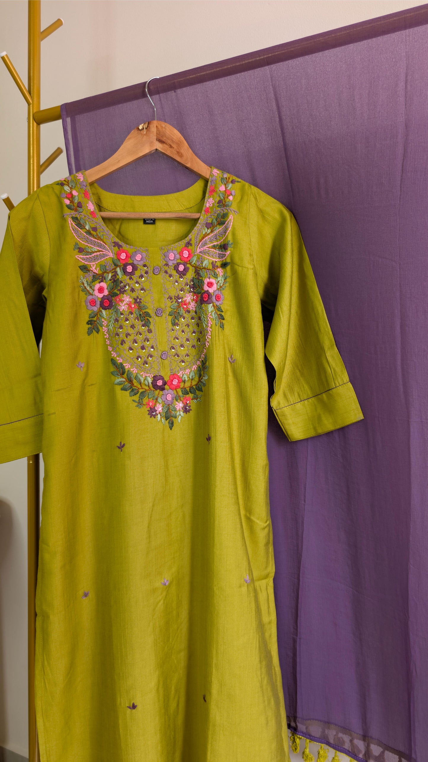 Embroidered Chinnon 3-Piece Suit Set in Olive & Plum – Festive Edition (AC00020)