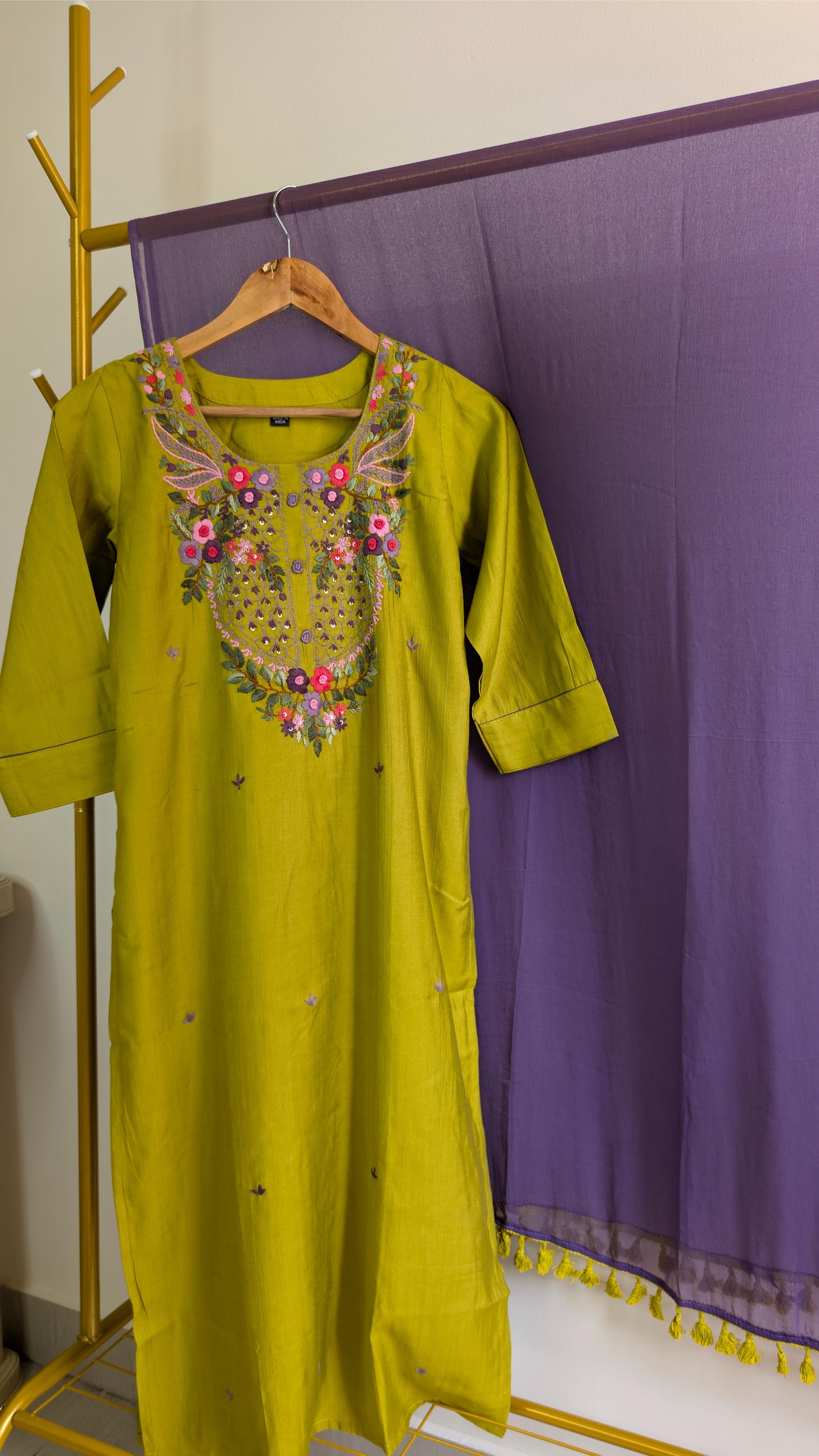 Embroidered Chinnon 3-Piece Suit Set in Olive & Plum – Festive Edition (AC00020)