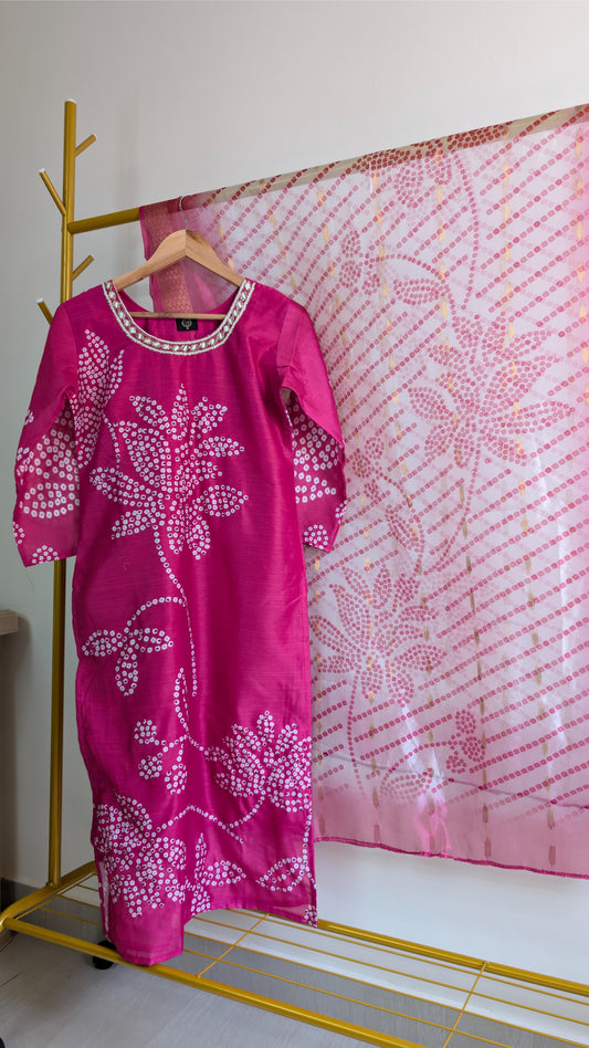 Fuchsia Pink Mirror Work Bandhani Kurti Set with Dupatta – Festive Wear (AC00025)