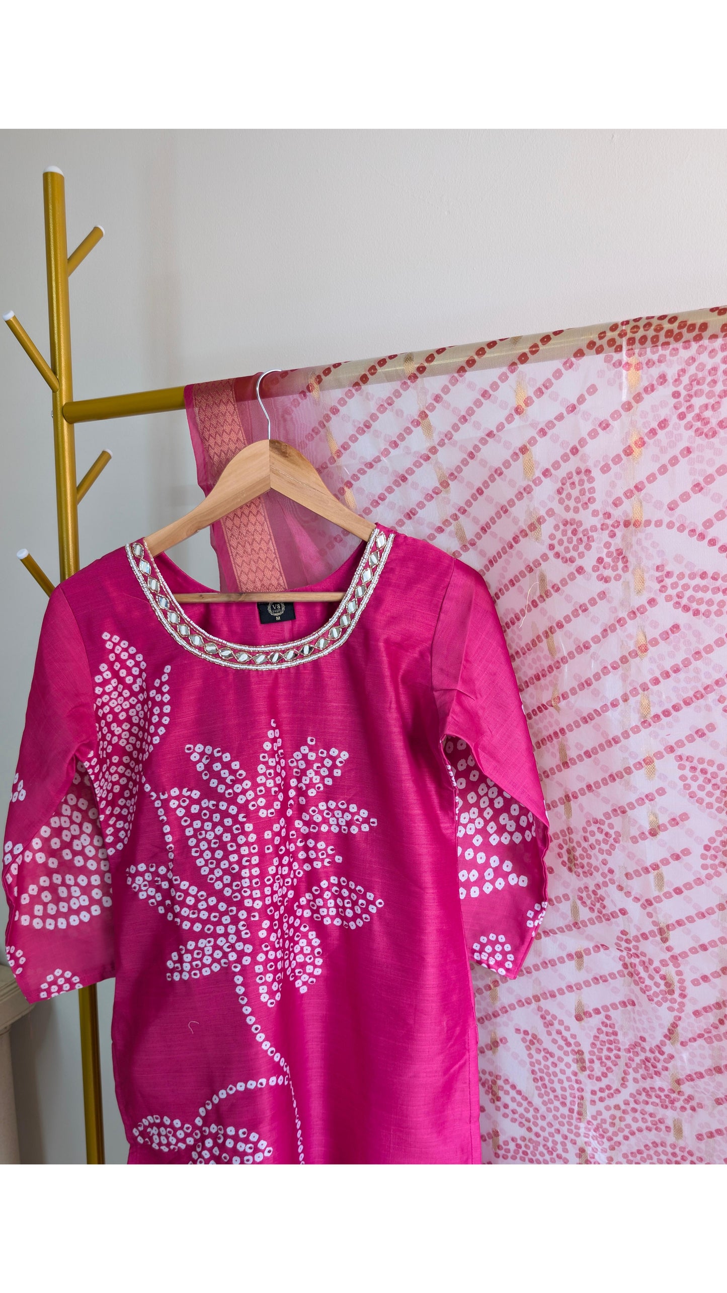 Fuchsia Pink Mirror Work Bandhani Kurti Set with Dupatta – Festive Wear (AC00025)