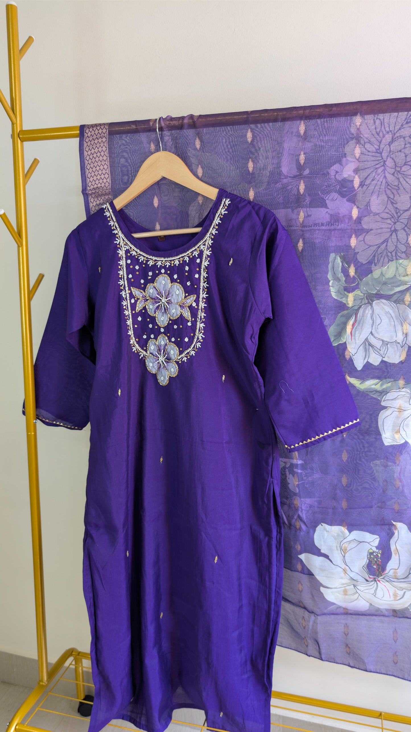 Roman Silk 3-Piece Kurti Set for Women with Floral Neck Embroidery (AC00014)