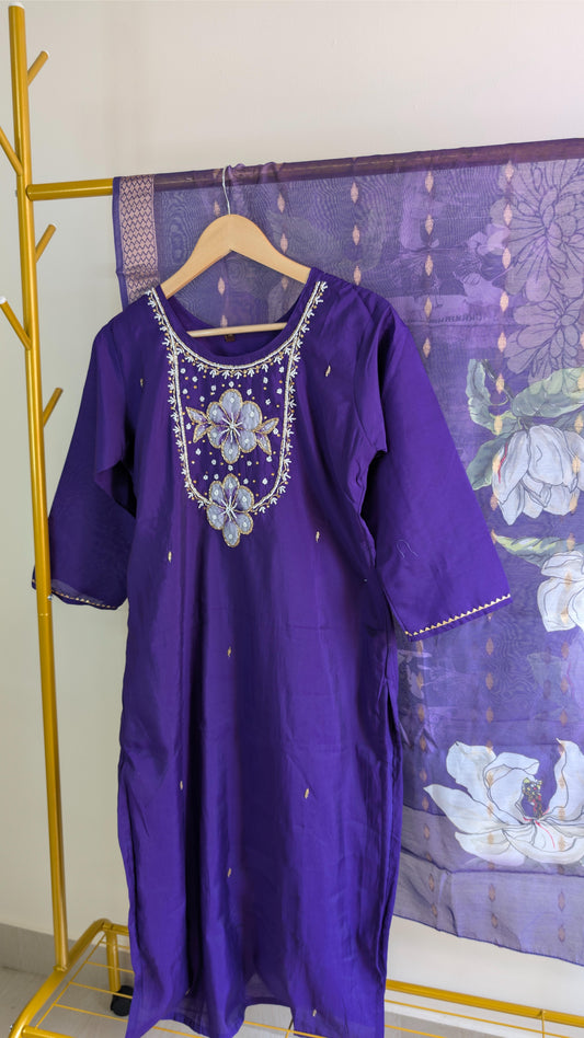 Roman Silk 3-Piece Kurti Set for Women with Floral Neck Embroidery (AC00014)