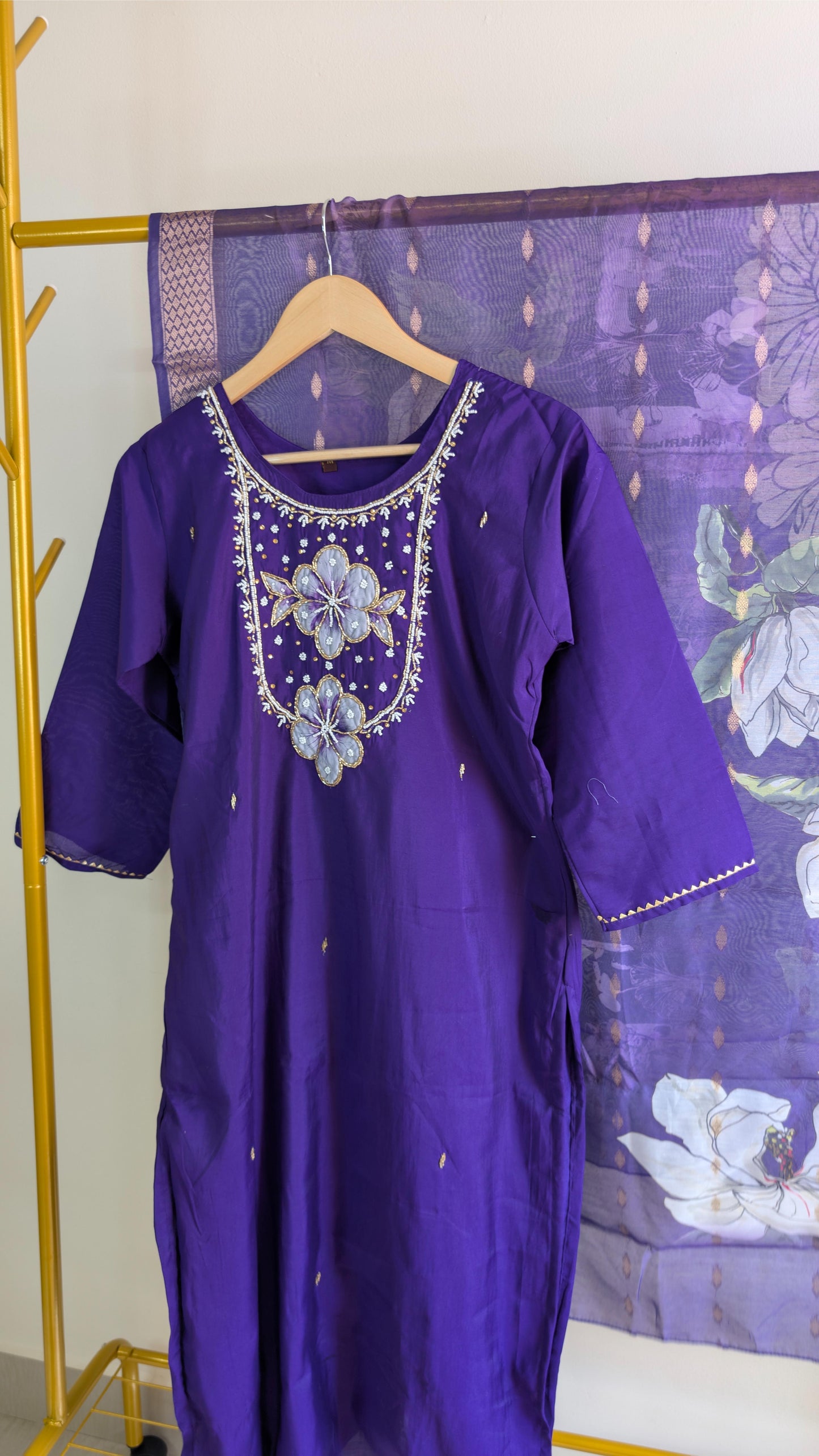 Roman Silk 3-Piece Kurti Set for Women with Floral Neck Embroidery (AC00014)