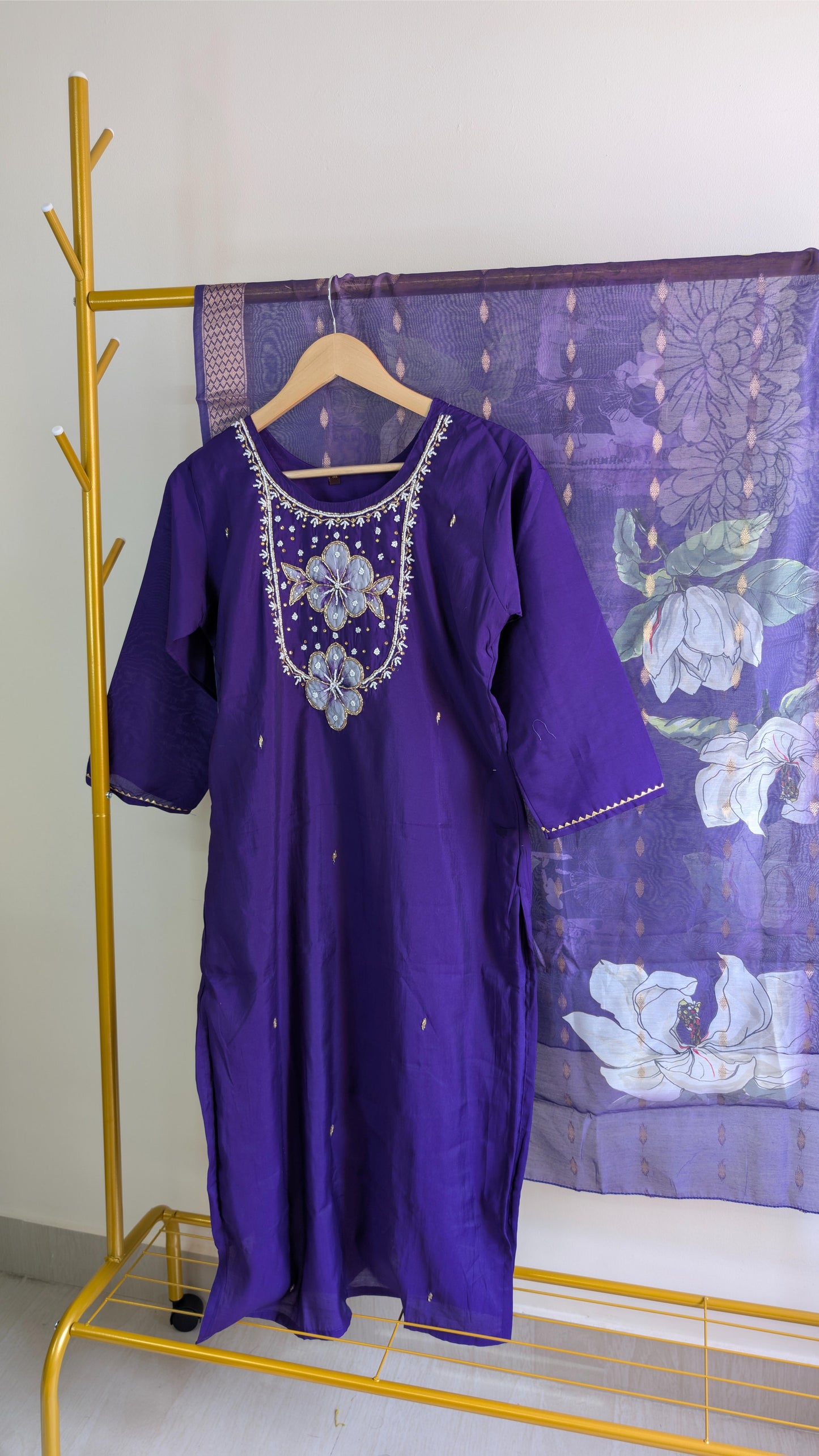 Roman Silk 3-Piece Kurti Set for Women with Floral Neck Embroidery (AC00014)