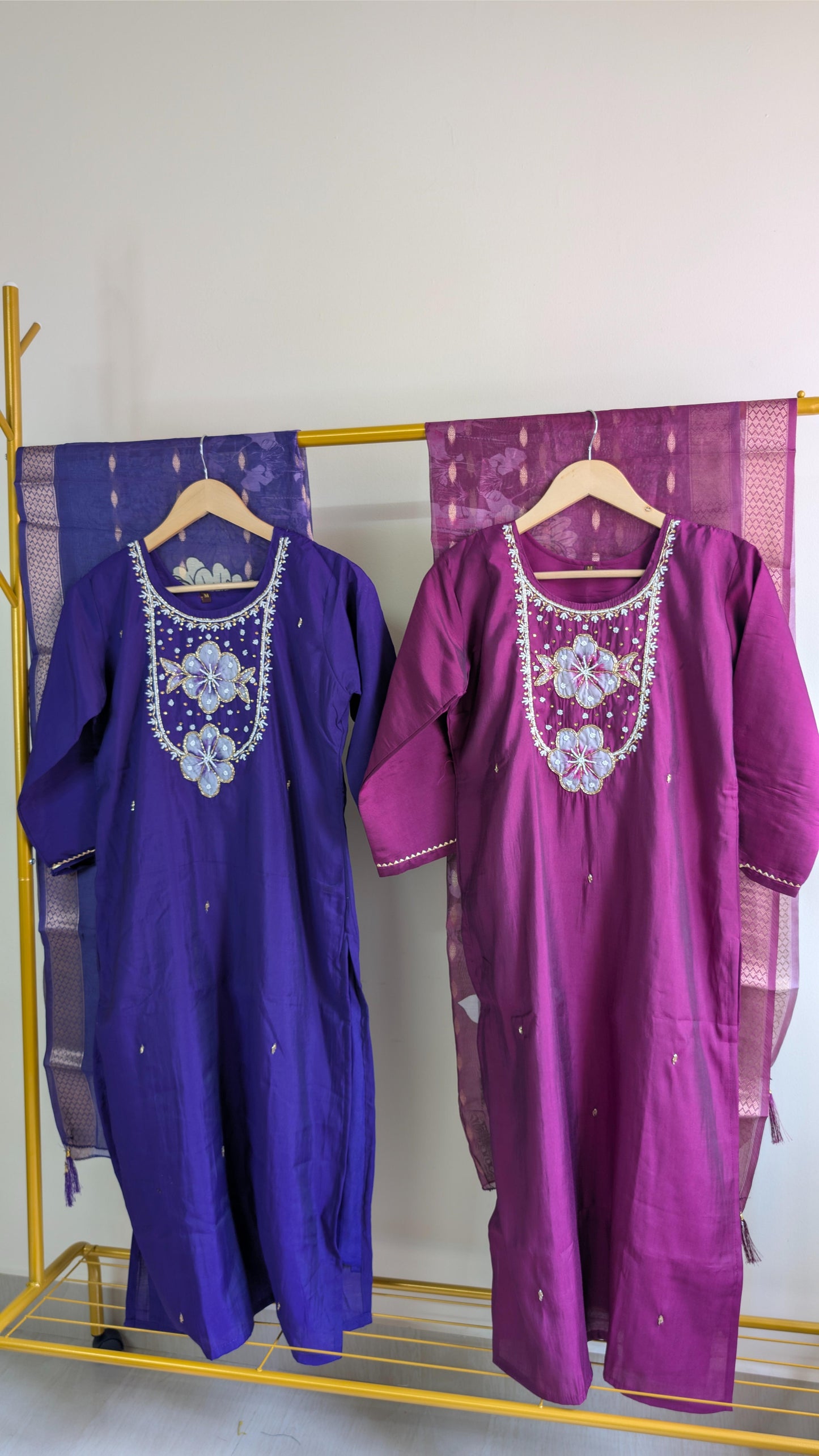 Roman Silk 3-Piece Kurti Set for Women with Floral Neck Embroidery (AC00014)