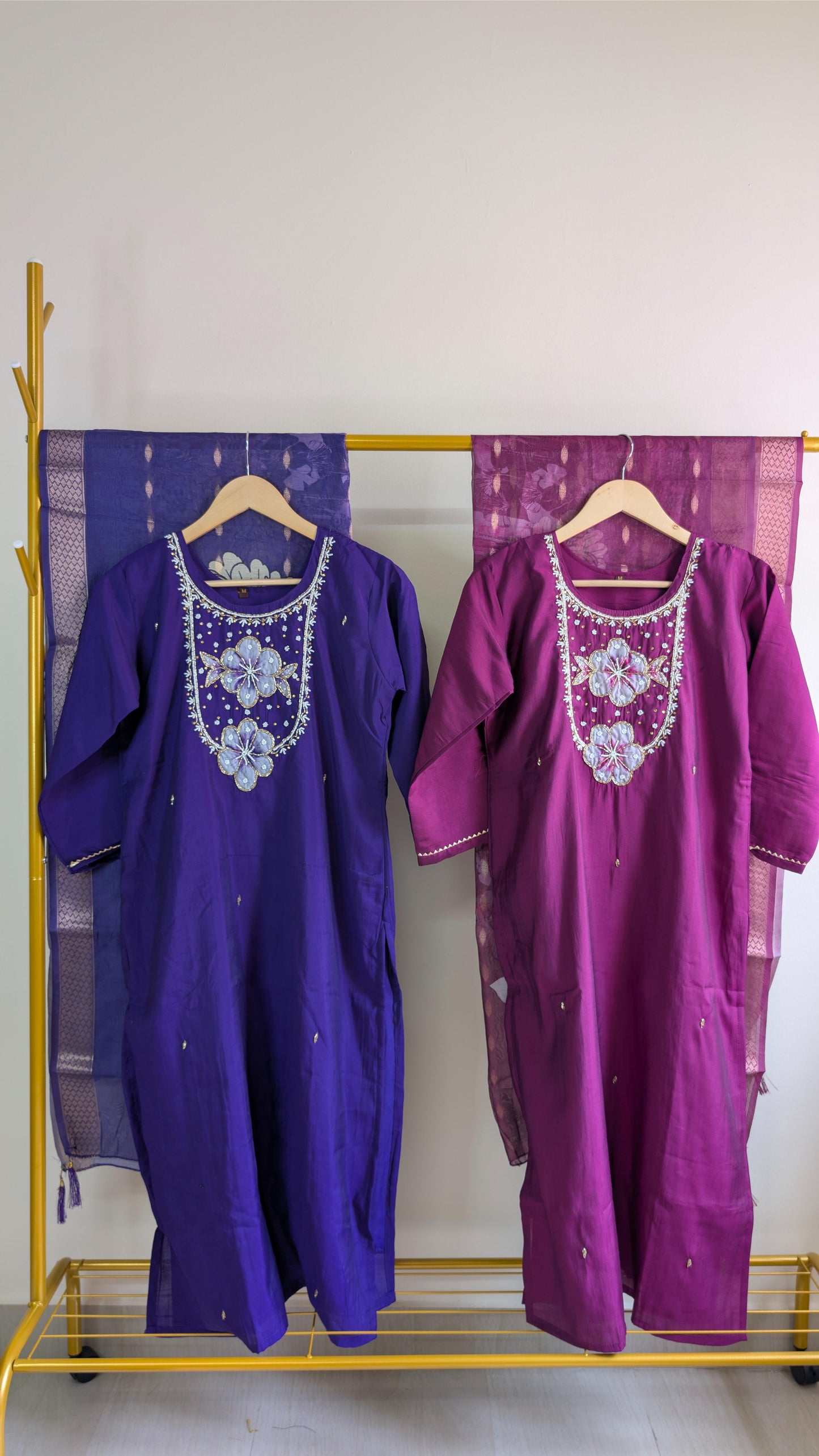 Roman Silk 3-Piece Kurti Set for Women with Floral Neck Embroidery (AC00014)