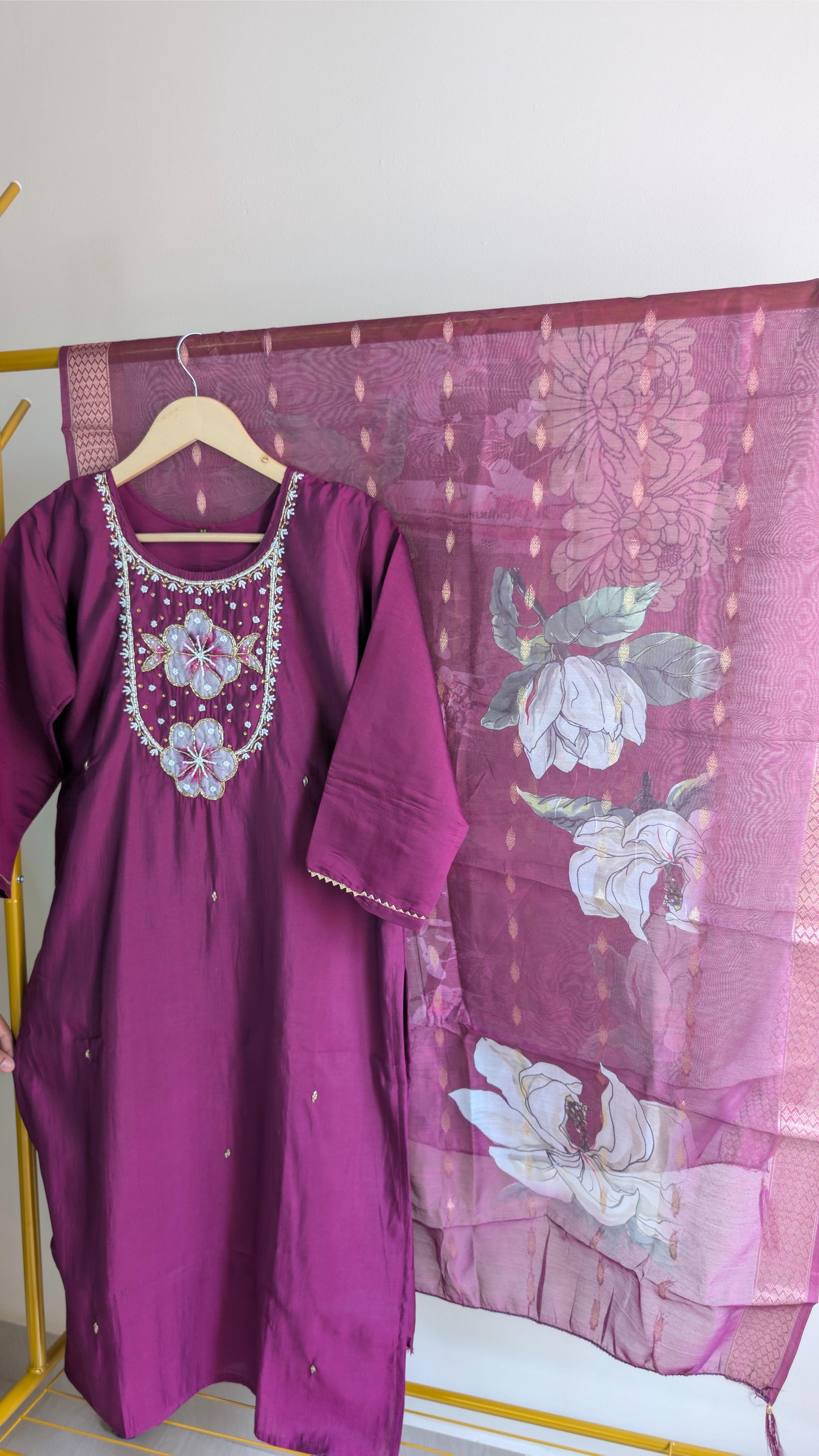 Roman Silk 3-Piece Kurti Set for Women with Floral Neck Embroidery (AC00014)