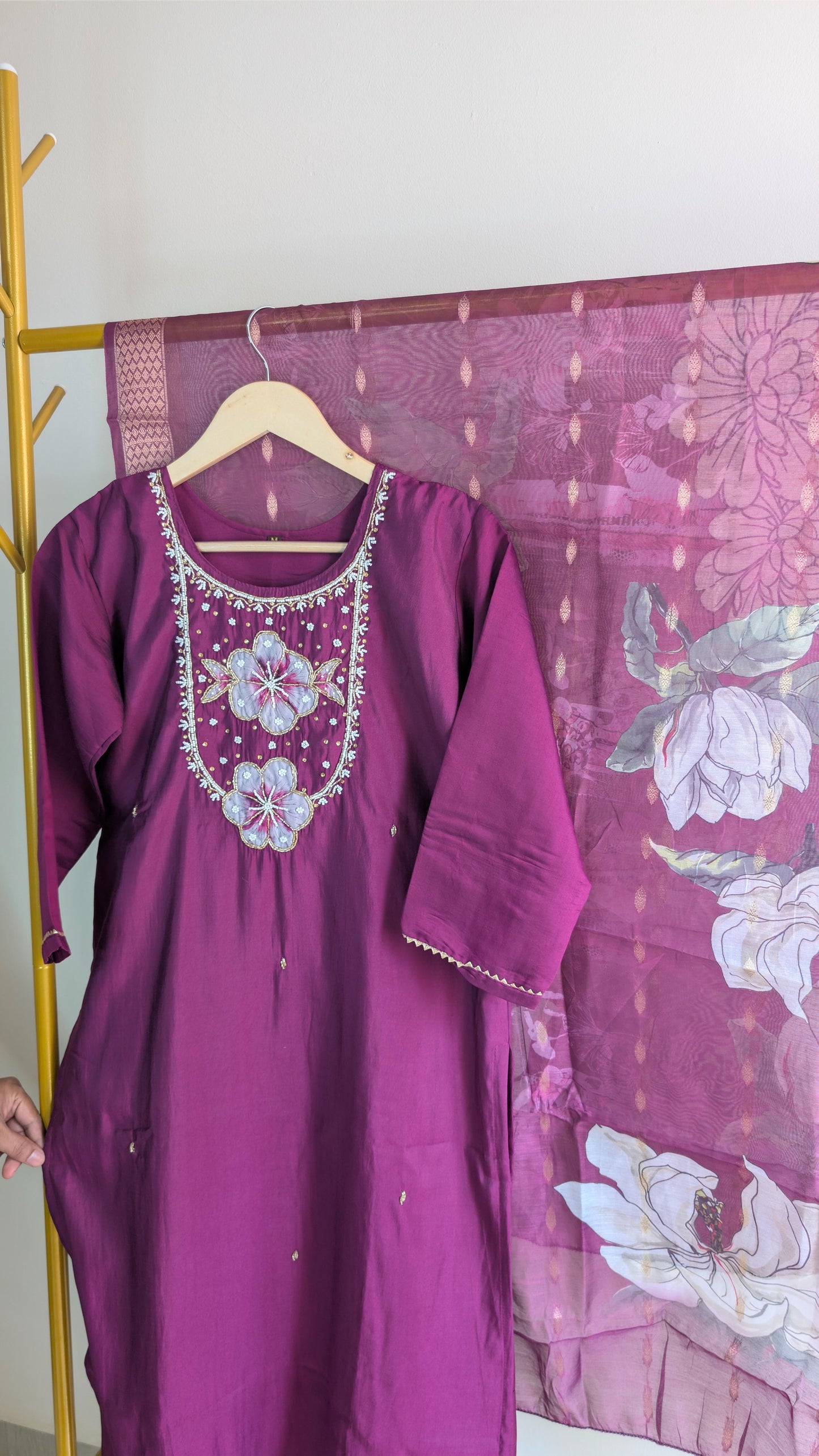 Roman Silk 3-Piece Kurti Set for Women with Floral Neck Embroidery (AC00014)
