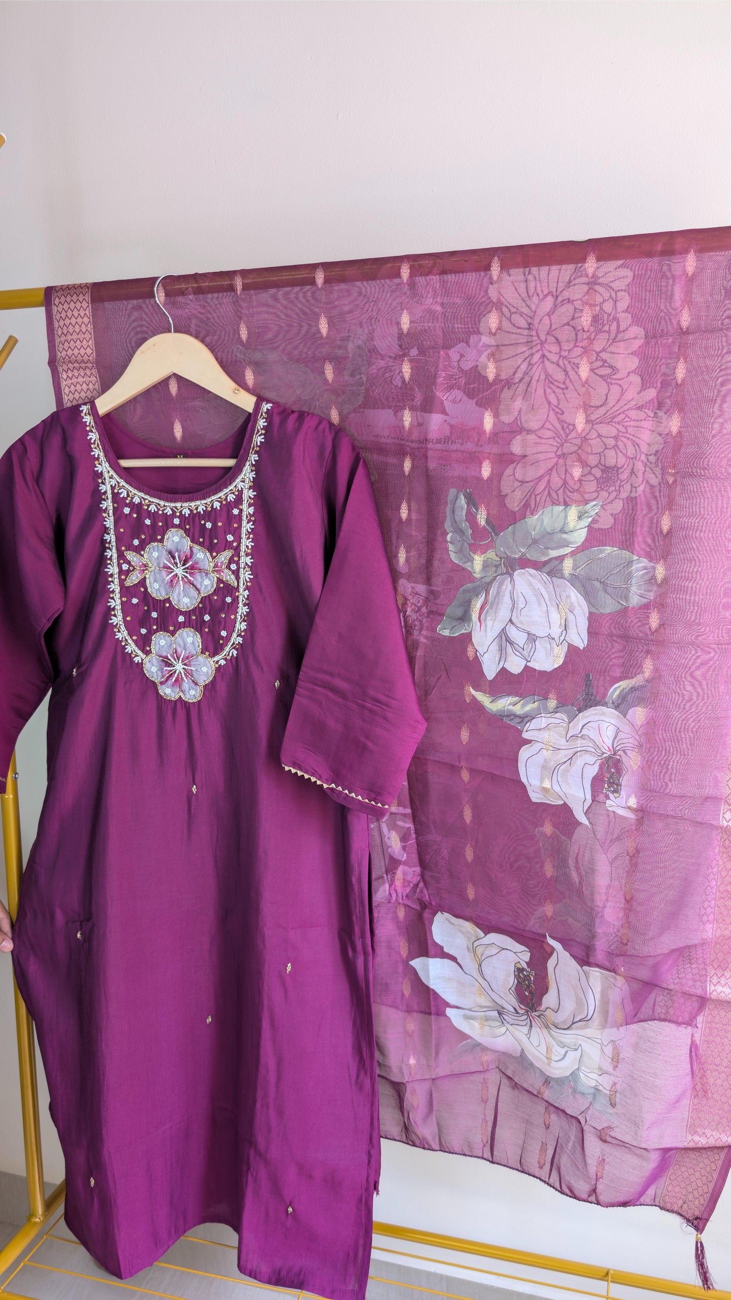 Roman Silk 3-Piece Kurti Set for Women with Floral Neck Embroidery (AC00014)