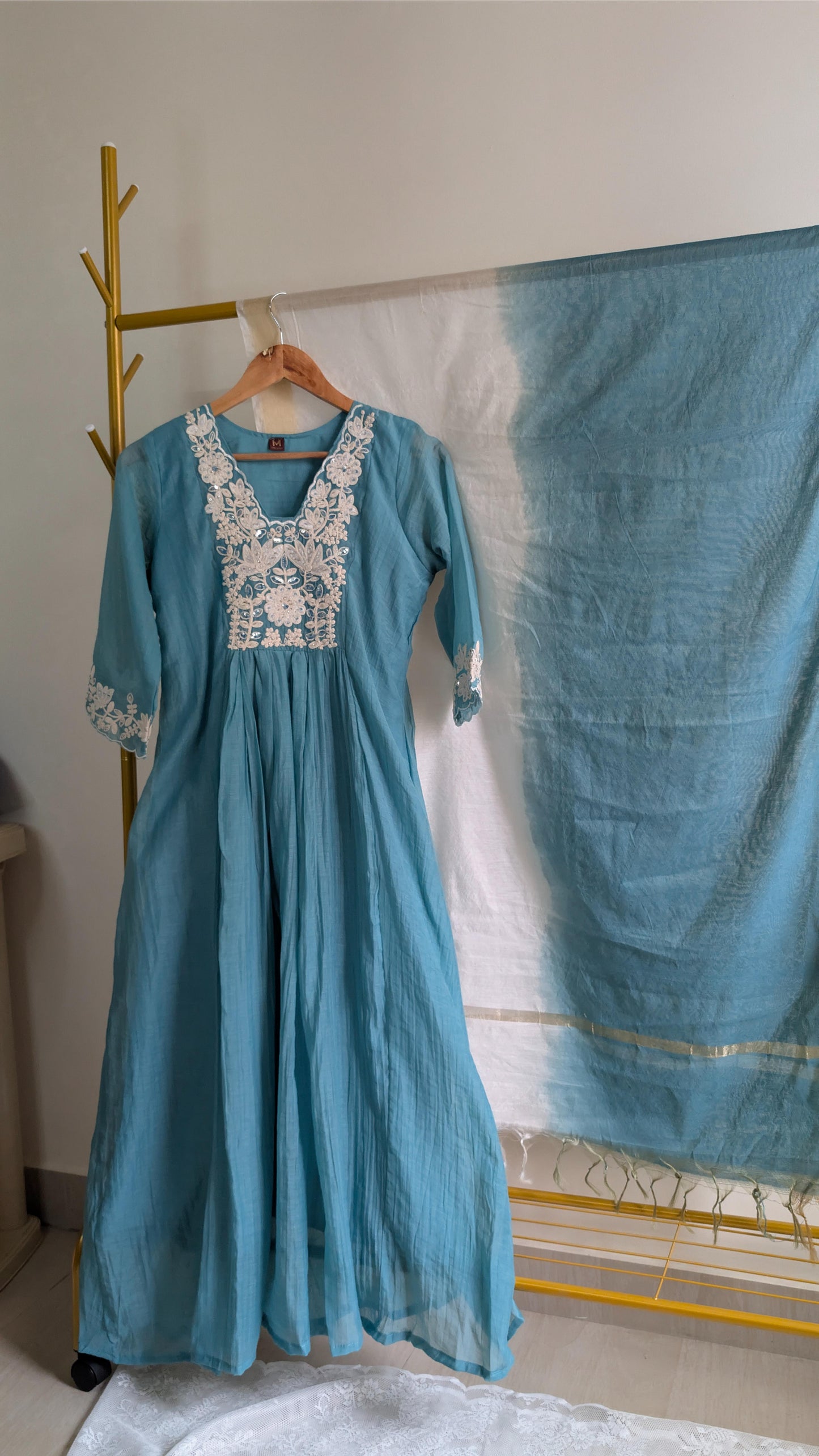 Elegant Aqua Blue Mul Chanderi Kurta with Intricate White Embroidery (AC00023)