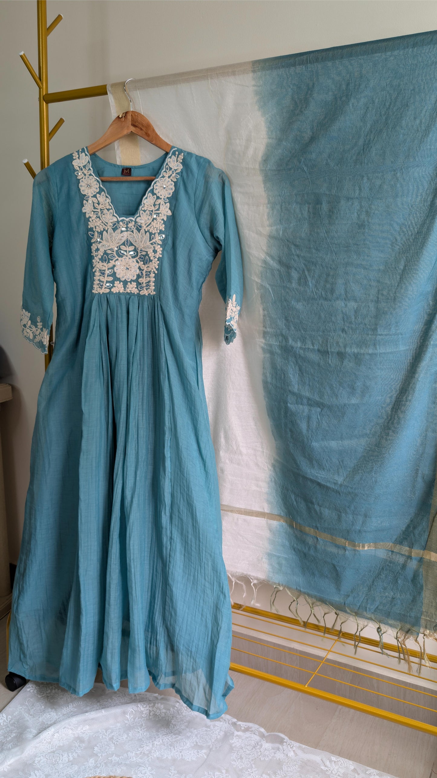 Elegant Aqua Blue Mul Chanderi Kurta with Intricate White Embroidery (AC00023)