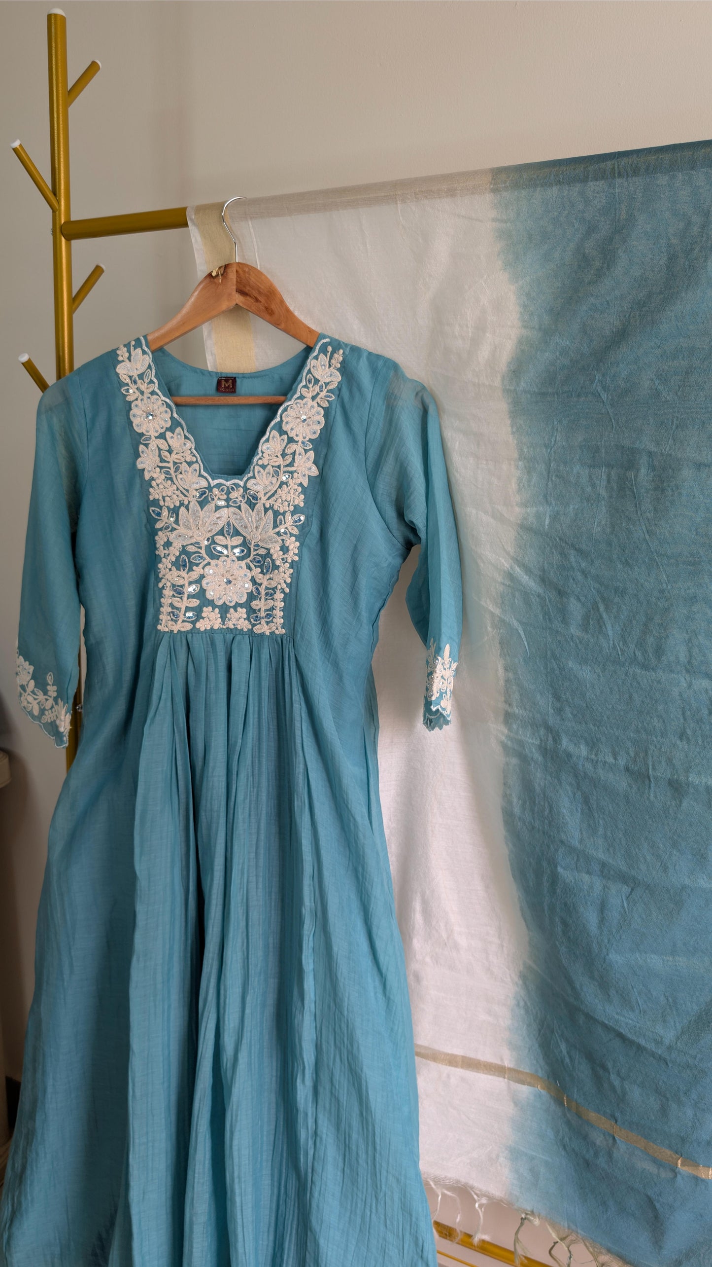 Elegant Aqua Blue Mul Chanderi Kurta with Intricate White Embroidery (AC00023)
