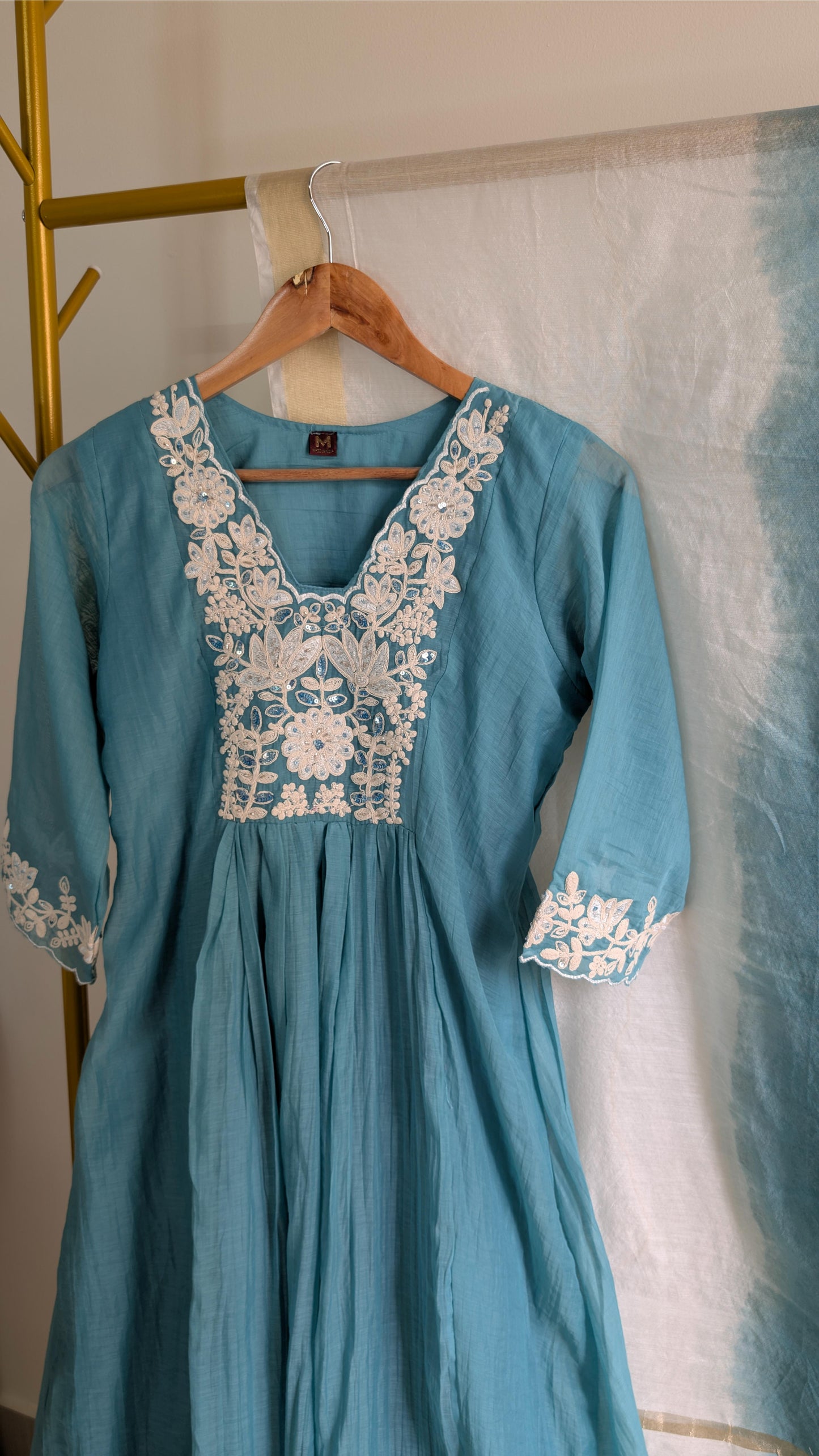 Elegant Aqua Blue Mul Chanderi Kurta with Intricate White Embroidery (AC00023)