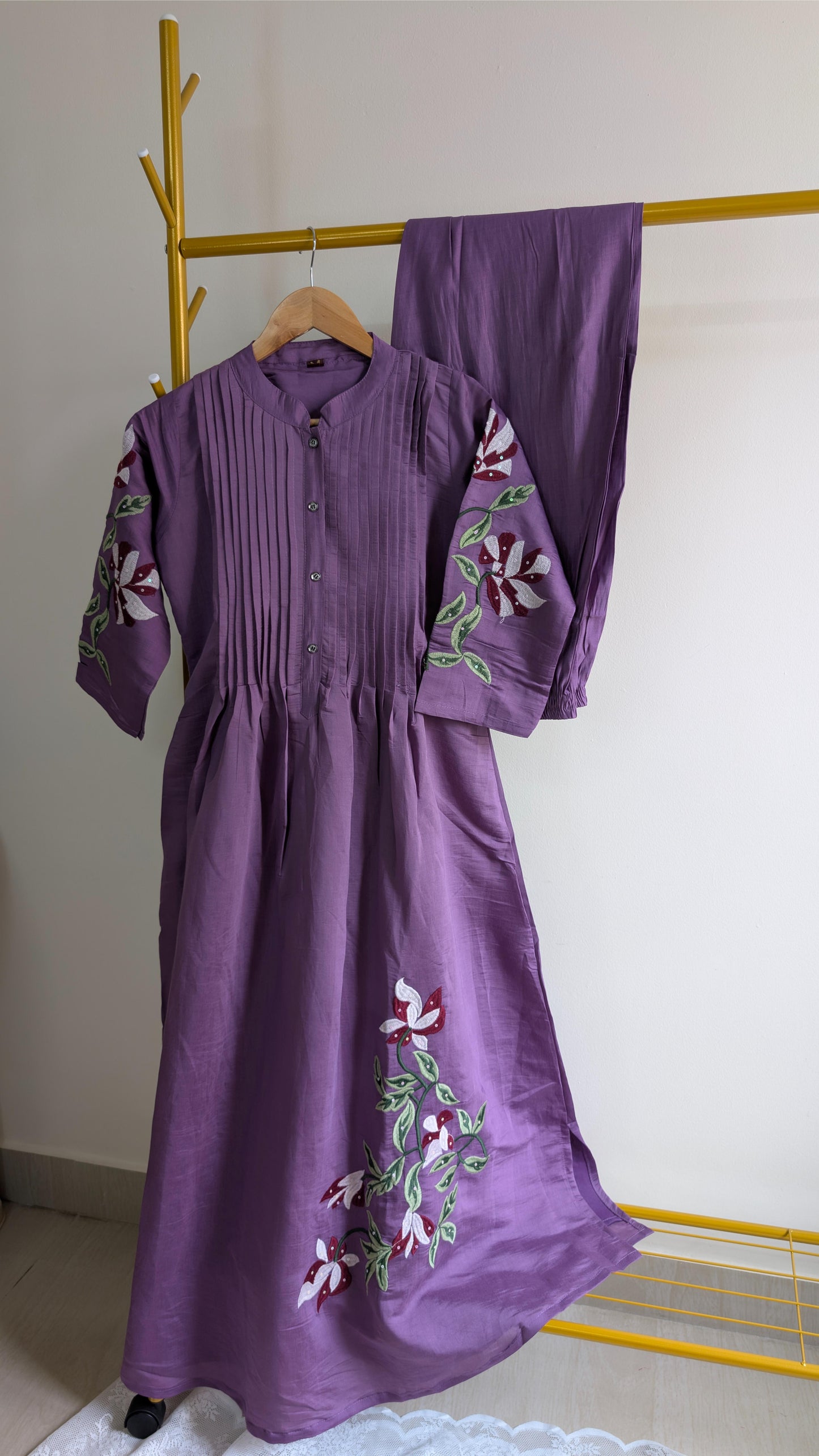 Purple Cotton Kurti Set with Floral Embroidered Sleeves (AC00021-2)
