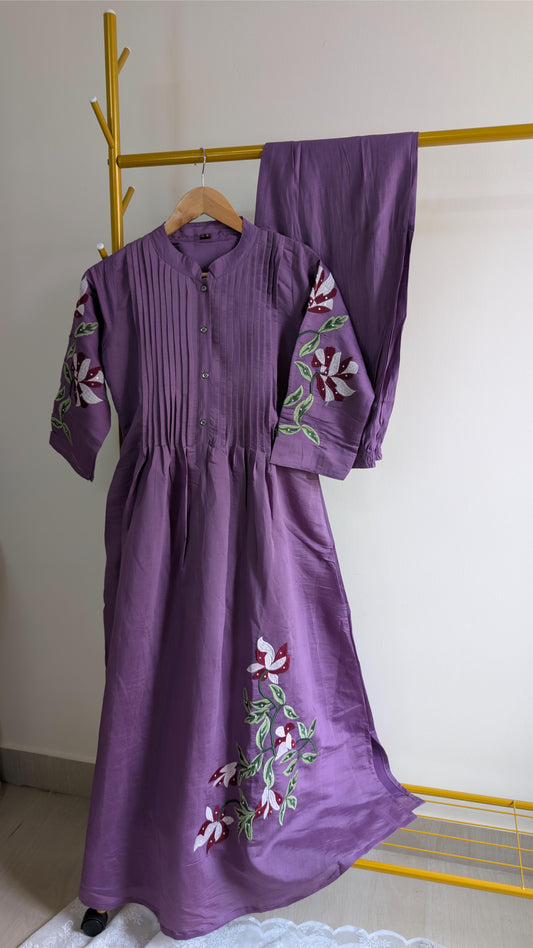 Purple Cotton Kurti Set with Floral Embroidered Sleeves (AC00021-2)