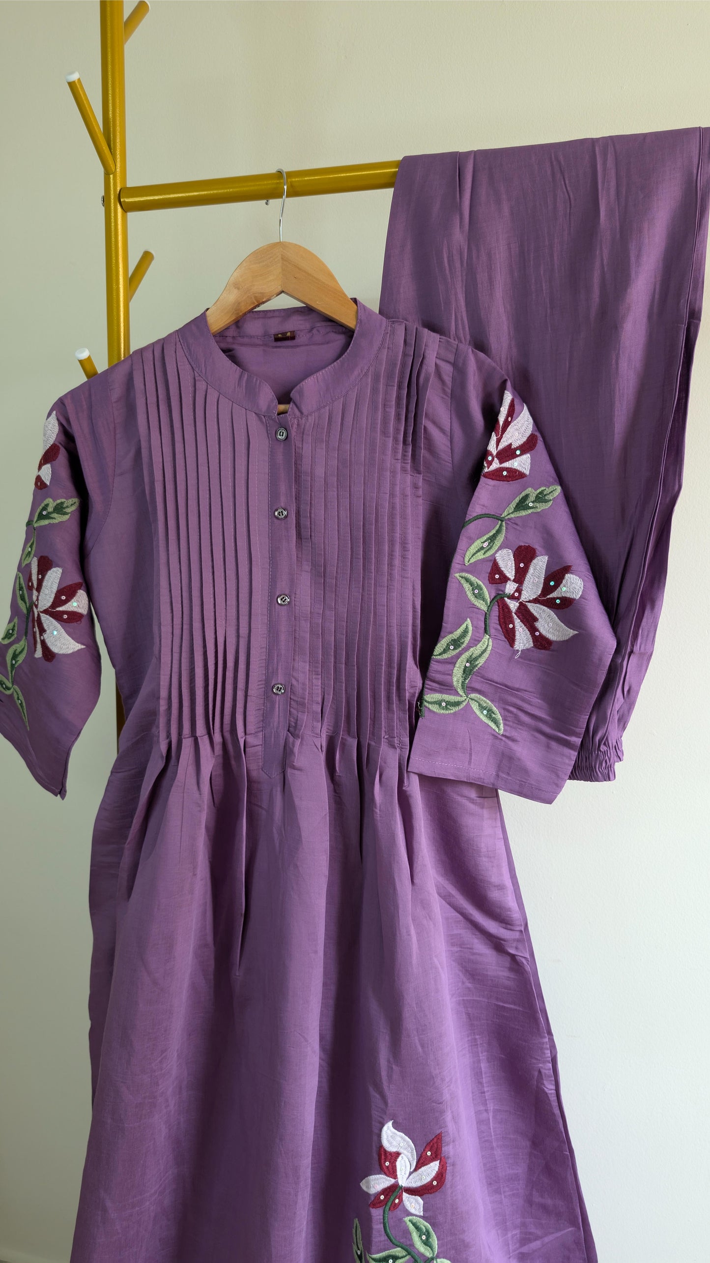 Purple Cotton Kurti Set with Floral Embroidered Sleeves (AC00021-2)